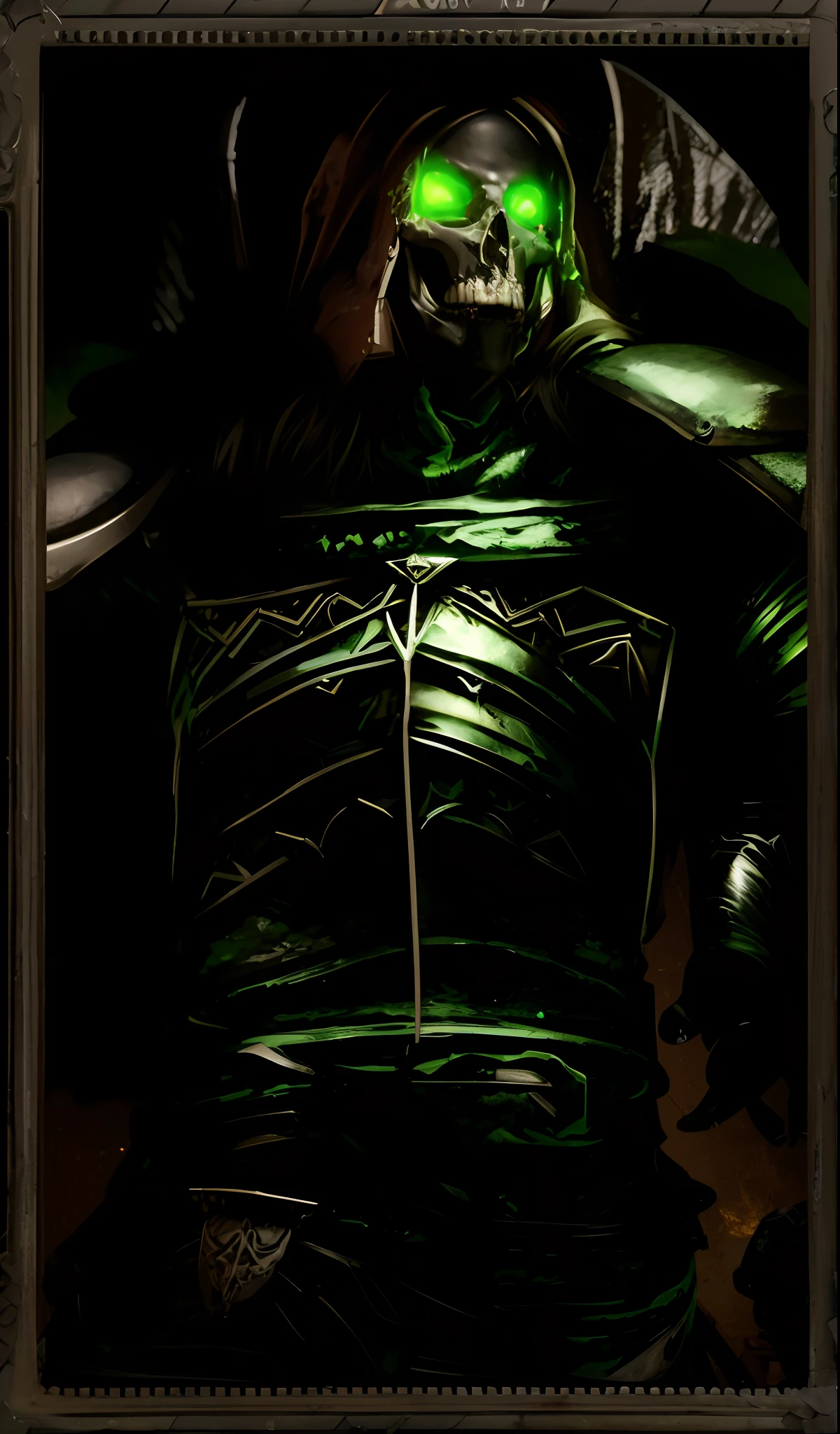 skull person with a green glowing eyes, green plate armor, skull face, evil necromancer, the lord of pestilence, portrait of an necromancer, wearing green battle armor, metallic green armor and cape,