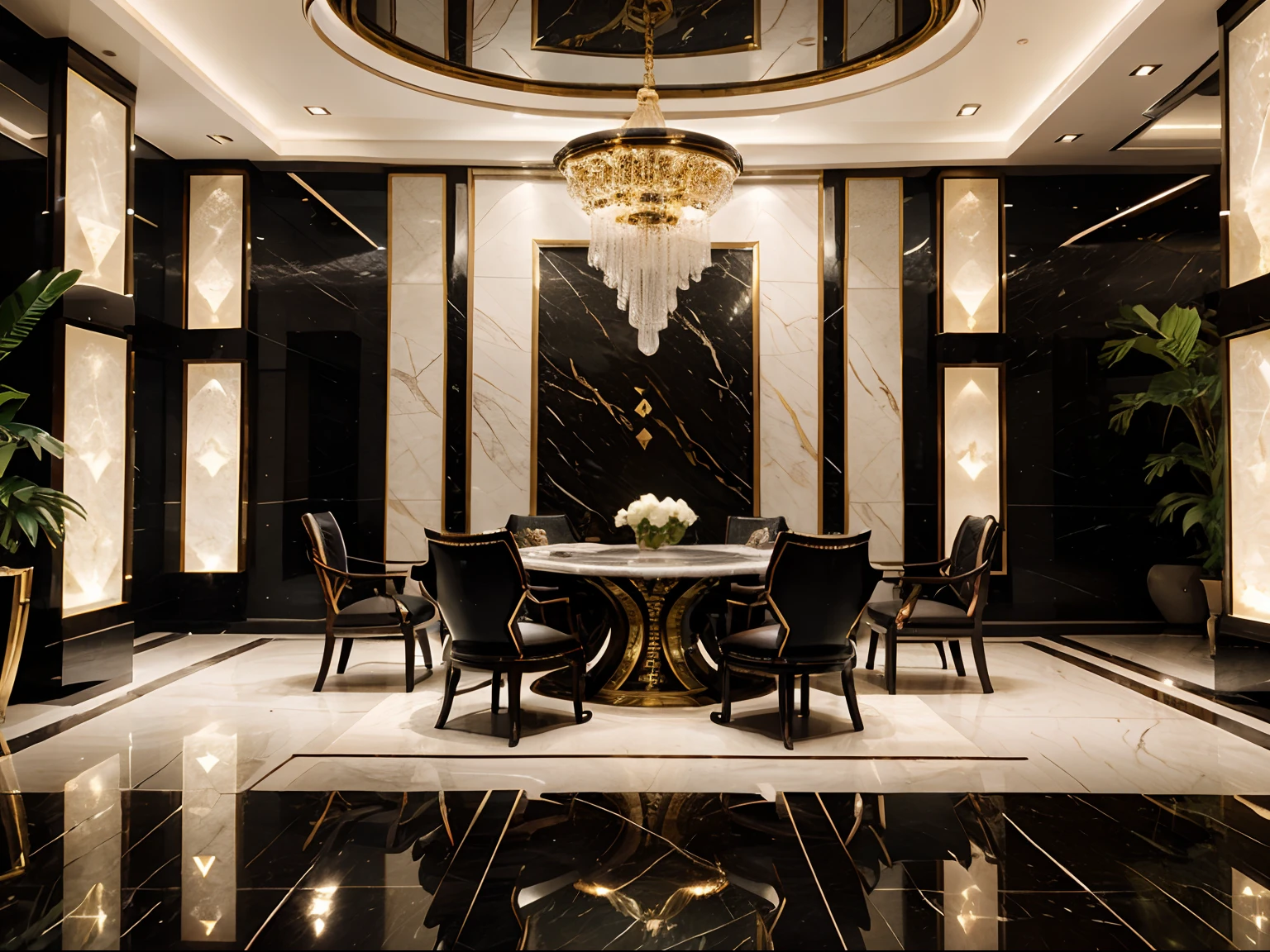 incredible luxurious futuristic interior dinning room in Ancient Vietnamese style with many ((lush plants)) (lotus flowers), ((palm trees)), rocky walls, (sand), ((amazing waterfalls)), (marble), ((precious minerals)), ((metals)), (gemstones), crystals, clouds and ((water)), futuristic luxury furniture, crocodiles, ((hieroglyphics)), (((ultra luxury))), (black marble) – with ((beautiful lights)), Unreal Engine, HQ, 16k