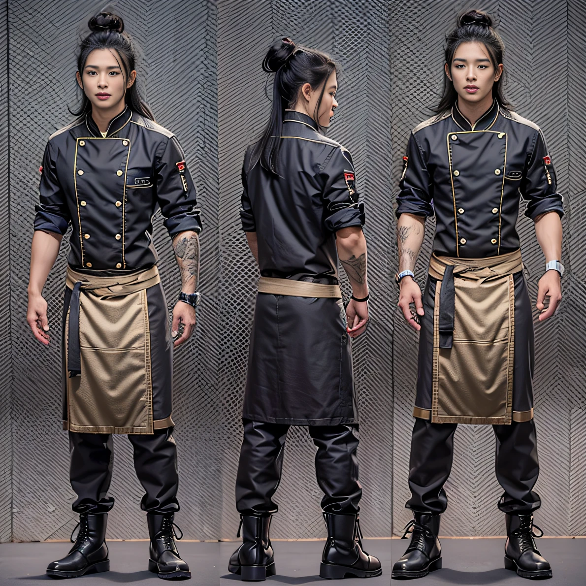 Full body male chef 32K(tmasterpiece,k hd,hyper HD,32K)Long flowing black hair,Camping area,zydink, a color, patriot (canyons), (Linen batik scarf), Combat posture, looking at the ground, Linen bandana, Chinese python pattern long-sleeved garment, (Abstract gouache splash:1.2), Dark clouds lightning background,Flour flies(realisticlying:1.4),Black color hair,Flour fluttering,Background fog, A high resolution, the detail, RAW photogr, Sharp Re, Nikon D850 Film Stock Photo by Jefferies Lee 4 Kodak Portra 400 Camera F1.6 shots, Rich colors, ultra-realistic vivid textures, Dramatic lighting, Unreal Engine Art Station Trend, cinestir 800,Flowing black hair,(((Male chef)))With his eyes closed
