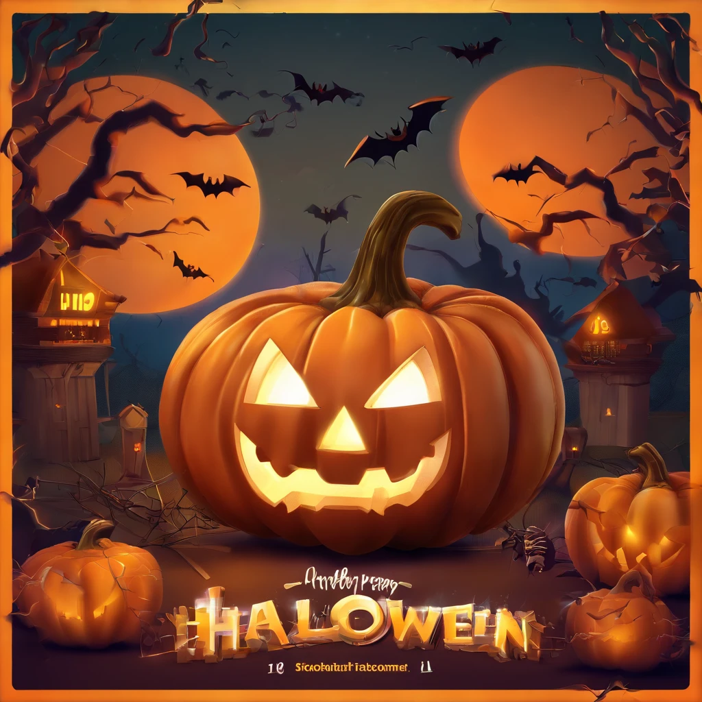 Halloween party flyer template with pumpkin and bat, 3 d model，C4D,halloween art style, Trick or Treat, halloween celebration, stock illustration, halloween theme, halloween wallpaper with ghosts, Halloween movies, illustrated poster, halloween atmosphere, header text”, Halloween, illustratio, 1 9th, Grand!, illustration!, Vintage Halloween postcard, halloween night, creepy themed, stock art, spooky halloween theme