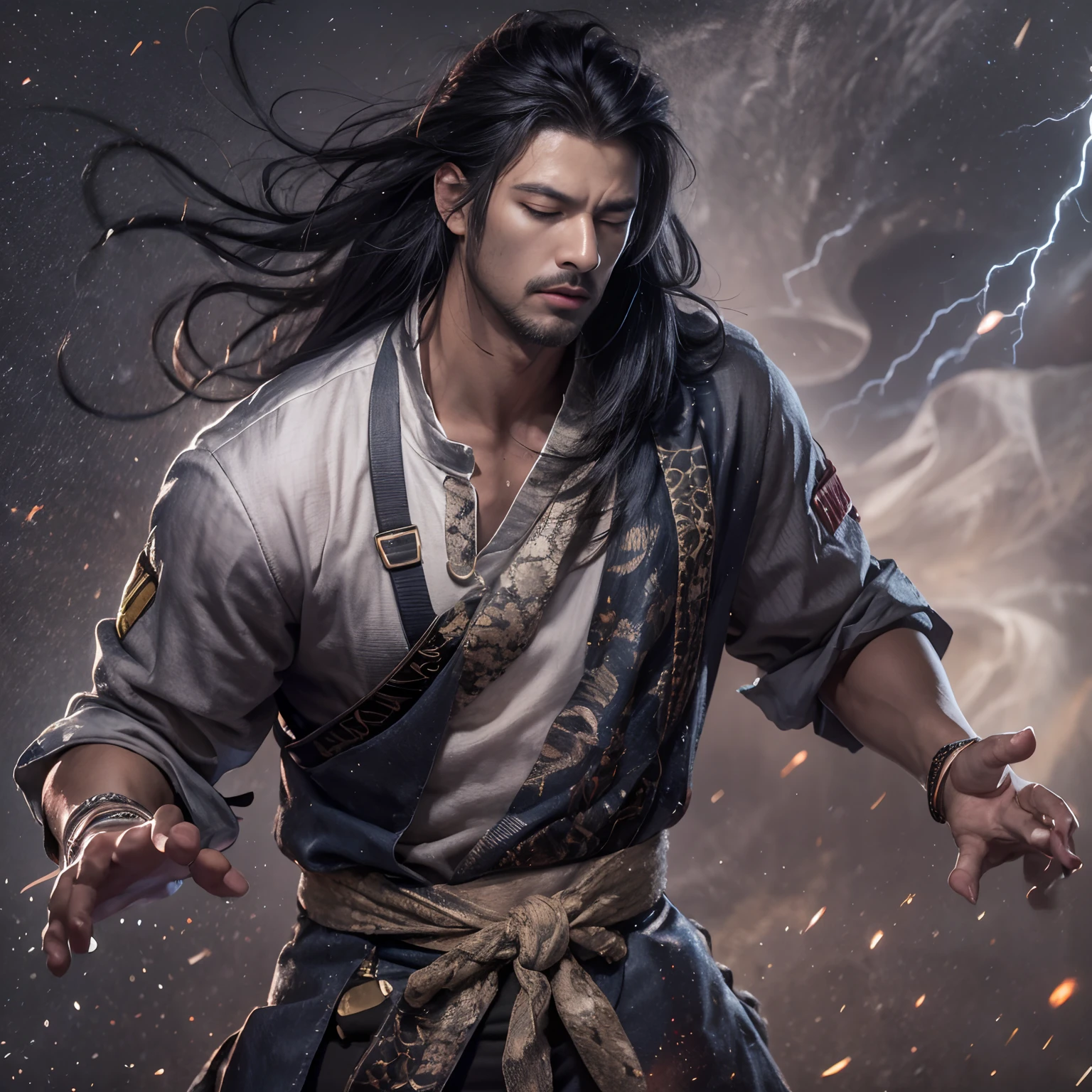 Full body male chef 32K（tmasterpiece，k hd，hyper HD，32K）Long flowing black hair，Camping area，zydink， a color， patriot （canyons）， （Linen batik scarf）， Combat posture， looking at the ground， Linen bandana， Chinese python pattern long-sleeved garment， （Abstract gouache splash：1.2）， Dark clouds lightning background，Flour flies（realisticlying：1.4），Black color hair，Flour fluttering，Background fog， A high resolution， the detail， RAW photogr， Sharp Re， Nikon D850 Film Stock Photo by Jefferies Lee 4 Kodak Portra 400 Camera F1.6 shots, Rich colors, ultra-realistic vivid textures, Dramatic lighting, Unreal Engine Art Station Trend, cinestir 800，Flowing black hair,（（（Male chef）））With his eyes closed