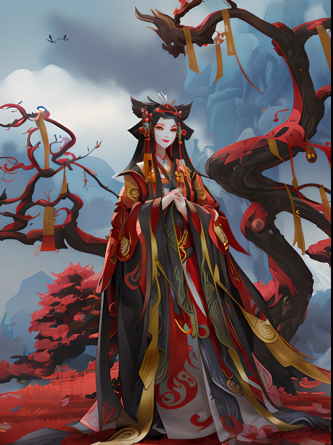 arafed woman in a red and black dress standing in front of a tree, a beautiful fantasy empress, onmyoji detailed art, inspired by Lan Ying, ancient chinese goddess, onmyoji, onmyoji portrait, inspired by Chen Rong, palace ， a girl in hanfu, chinese empress, ancient chinese princess, inspired by Qiu Ying