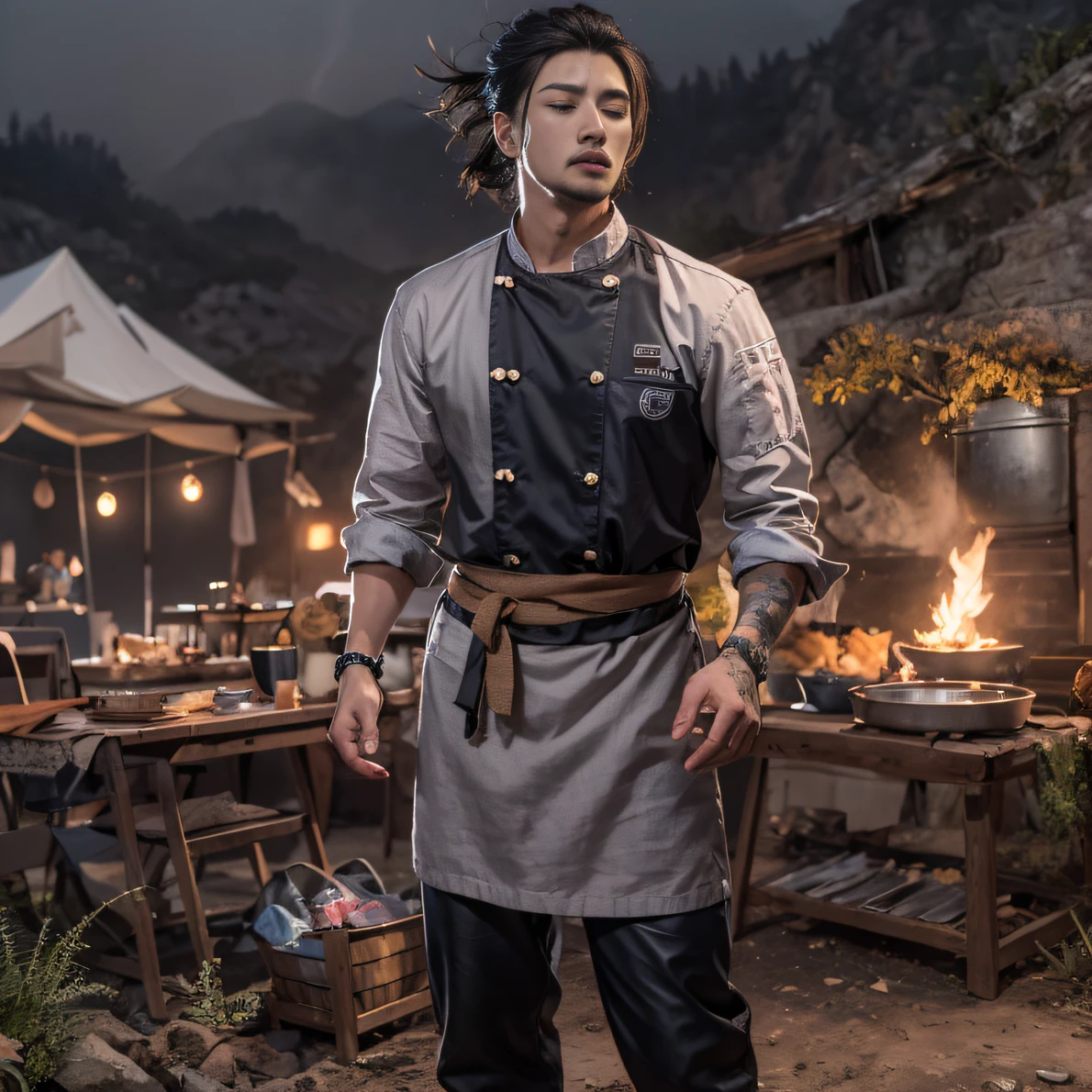 Full body male chef 32K(tmasterpiece,k hd,hyper HD,32K)Long flowing black hair,Camping area,zydink, a color, patriot (canyons), (Linen batik scarf), Combat posture, looking at the ground, Linen bandana, Chinese python pattern long-sleeved garment, (Abstract gouache splash:1.2), Dark clouds lightning background,Flour flies(realisticlying:1.4),Black color hair,Flour fluttering,Background fog, A high resolution, the detail, RAW photogr, Sharp Re, Nikon D850 Film Stock Photo by Jefferies Lee 4 Kodak Portra 400 Camera F1.6 shots, Rich colors, ultra-realistic vivid textures, Dramatic lighting, Unreal Engine Art Station Trend, cinestir 800,Flowing black hair,(((Male chef)))With his eyes closed