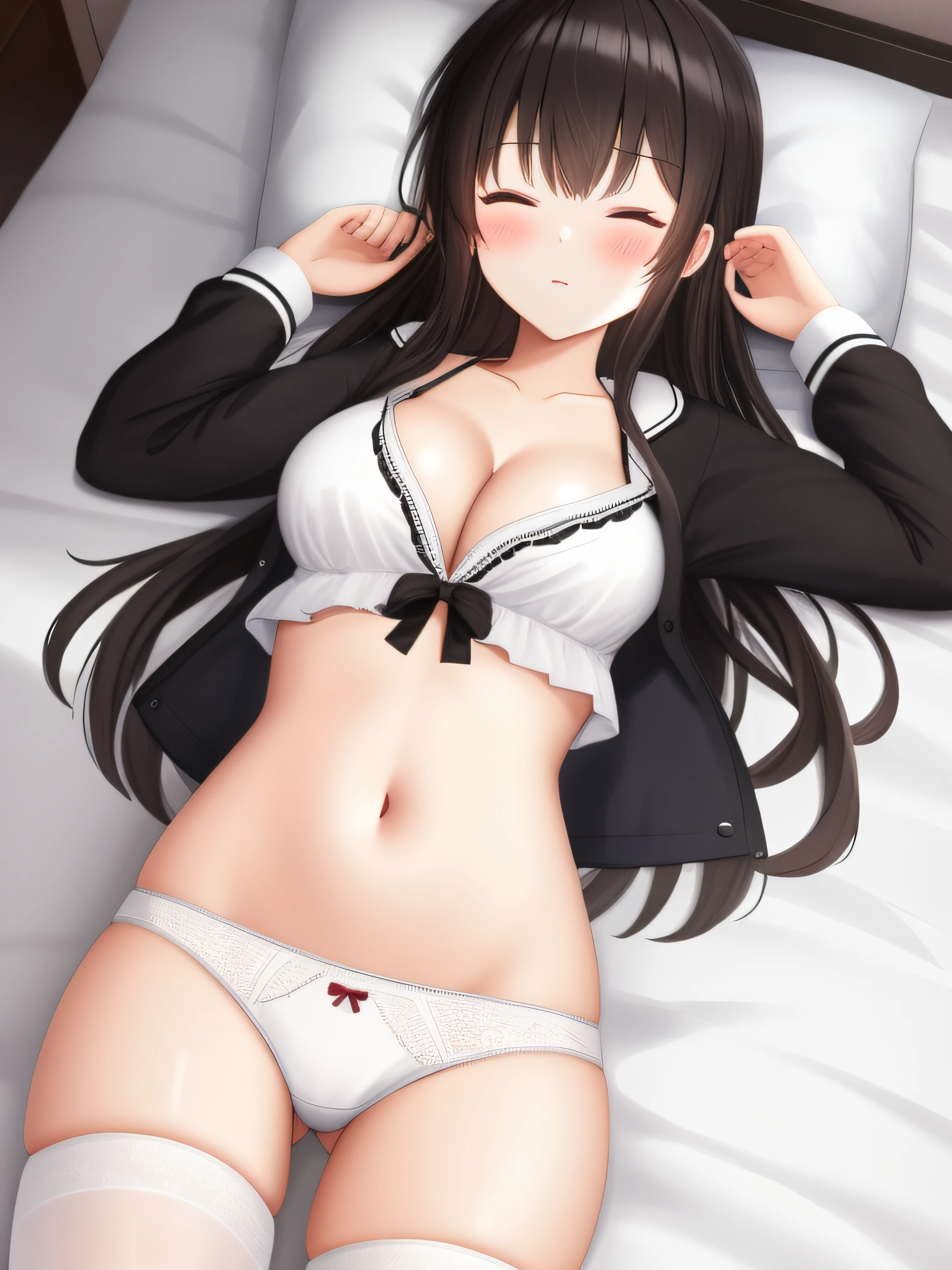 1girll, , Black color hair, upper legs, black in color_Panties,Briefs， Long_Hair, Breasts,  Black pajamas，See-through Pajamas，Unfastened pajamas，Open pajamas，nabel，Bare belly，With his eyes closed，With his eyes closed， On_back, inside bedroom, hindquarters, bangs, cleavage, Blush,Lie down in bed，black lence stockings，pantiess，black lence stockings，full bodyesbian，arms stretched wide