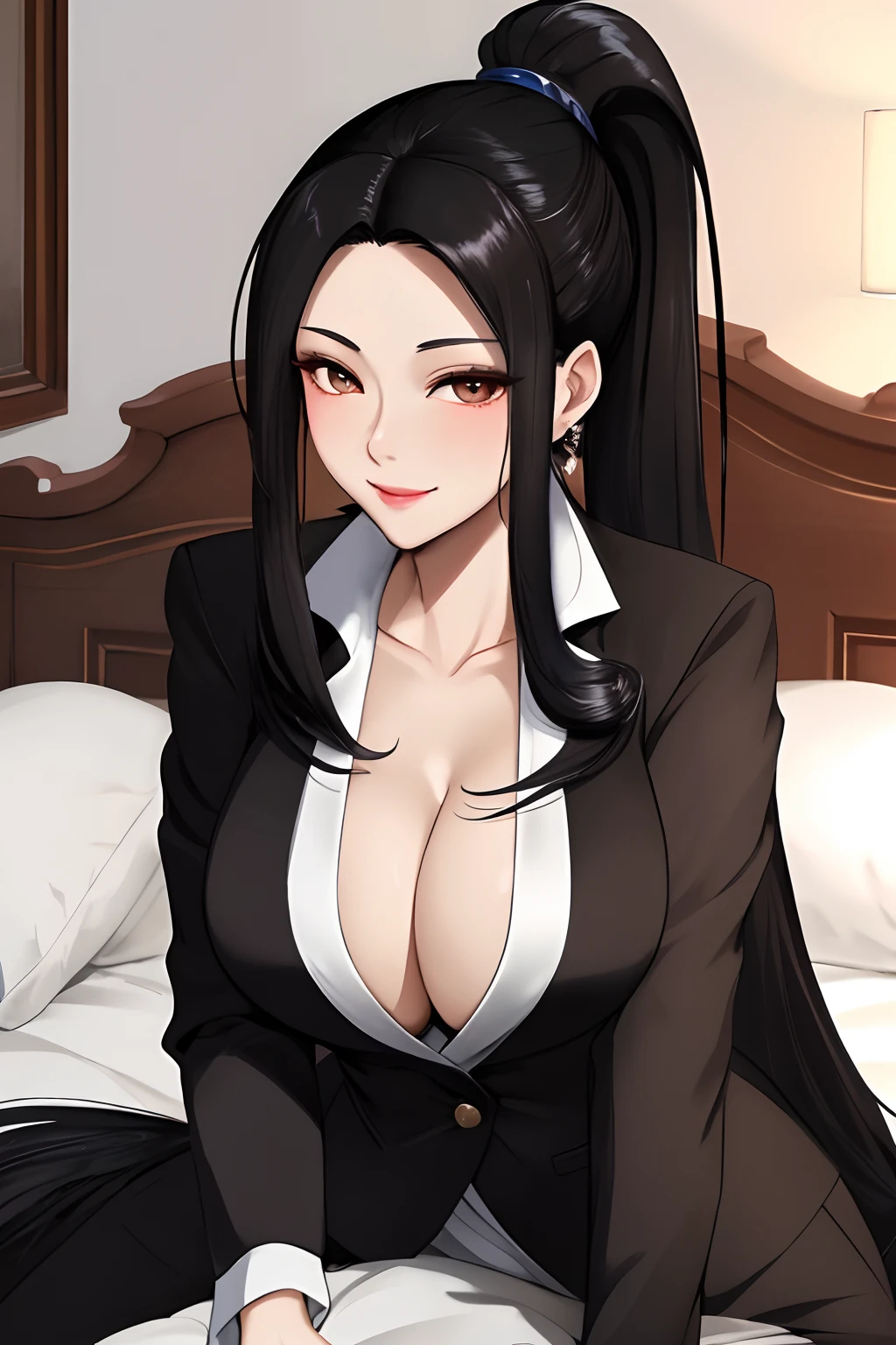 (masterpiece) best quality ultra-detailed ,woman with elegant long black hair big eyes mature attractive knowledgeable face sexy smile in suit, mature face,sexy face,invites you to bed,ponytail hair,