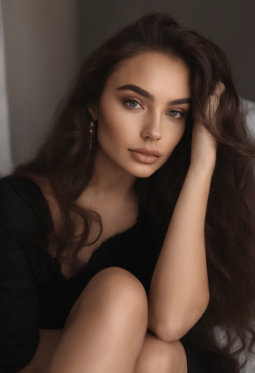 Hispanic woman with black clothes, fille sexy aux yeux bruns, Portrait Sophie Mudd, cheveux bruns et grands yeux, selfie of a young woman, Yeux de chambre, sans maquillage, maquillage naturel, looking straight at camera, Visage avec Artgram, Maquillage subtil, Superbe photo du corps entier, dans la chambre, clivage