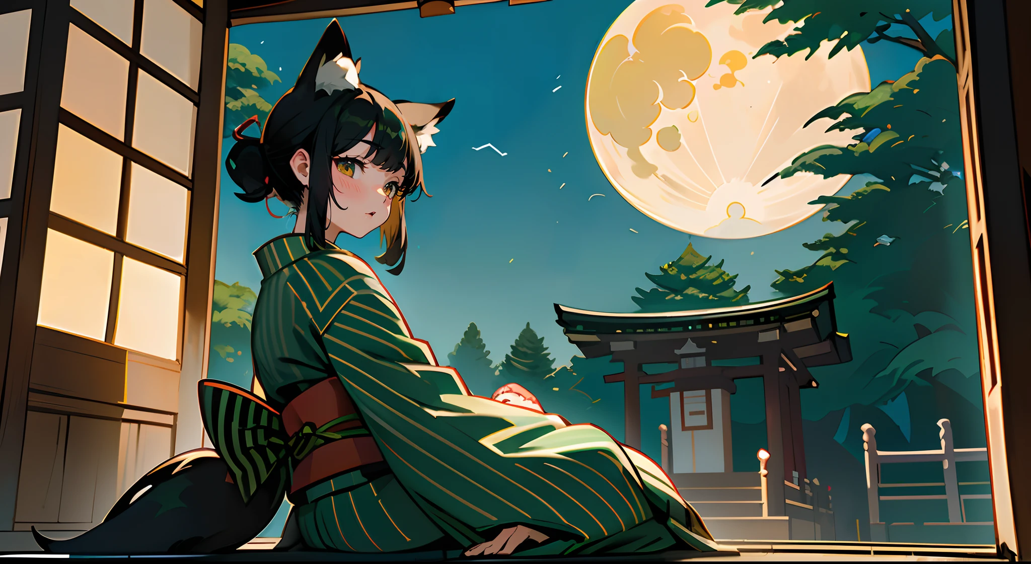 ((​masterpiece:1.4、top-quality))、(one girls、Moon Watching、Smile on the back screen、low angles、Black hair spiked hair and brown eyes)、(japanese kimono、Brown and green stripes:1.3)、Fox ears and tail、Sit on the porch、The view is a full moon over a pine forest、Clouds are flowing gracefully、