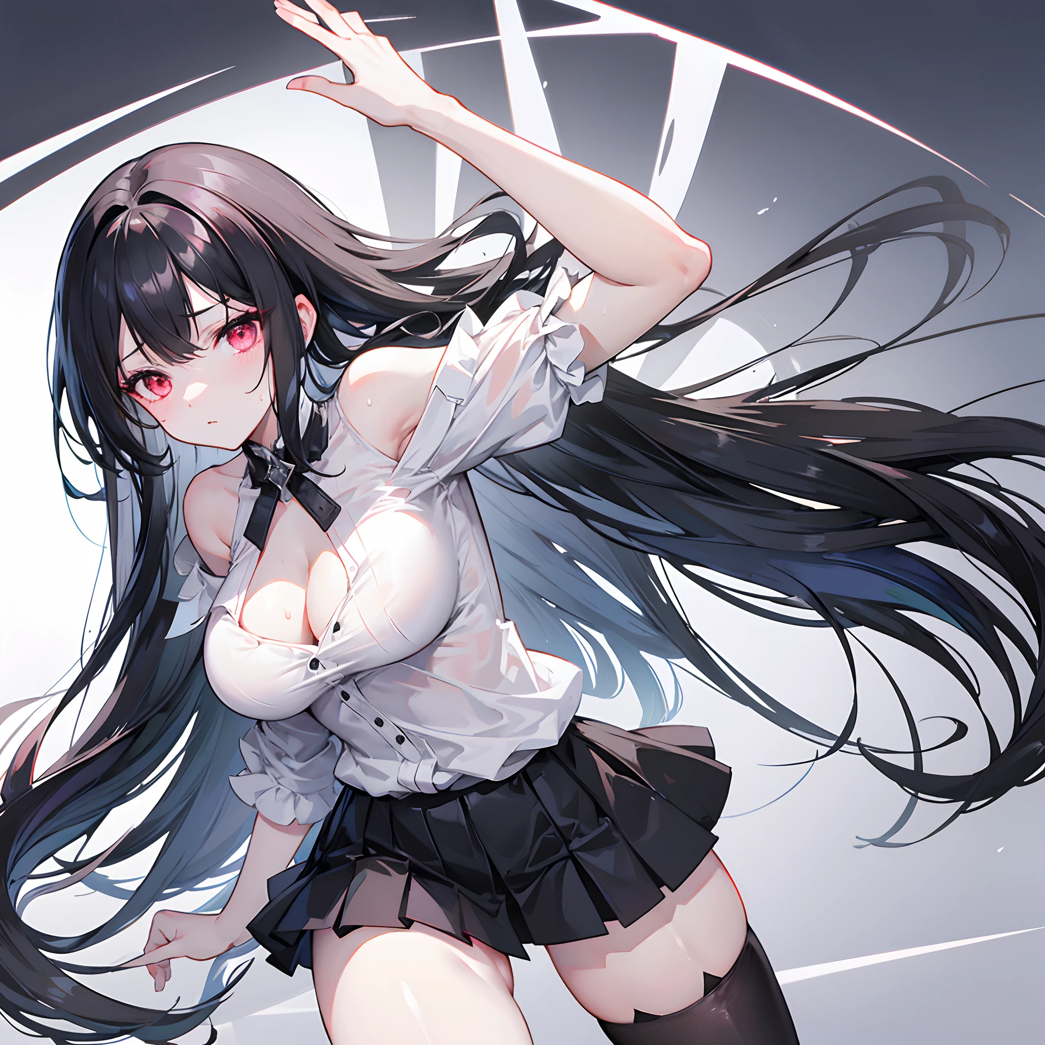 Long pale black hair scattered，，dual horsetail，Hair is slightly curled，White off-the-shoulder short sleeves，The black thin jacket is half off to the shoulders，Big breasts pink eyes，，short  skirt，black lence stockings，His face was slightly red，expressiveless，The angle of inclination，Hair is wet，Clothes soaked with sweat，Tilt your head，Tilt your body
