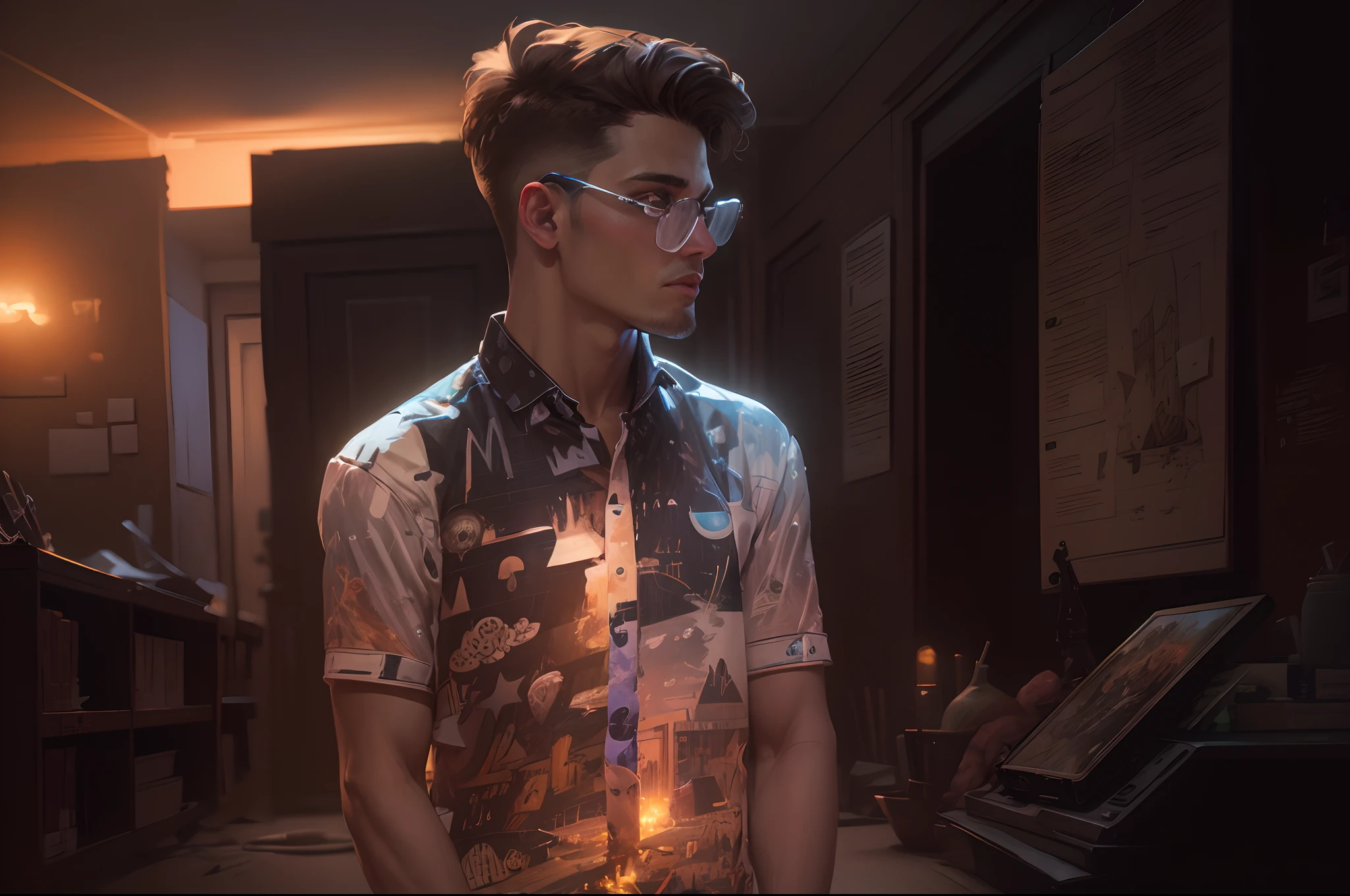 Close up portrait of a person sitting at a laptop table, Realistic art style, Peter Parker, Photorealistic Art Style, Realistic art style, realism artstyle, background artwork, Realistic style, 4k detailed digital art, Detailed Digital Anime Art, realistic anime 3 d style, Cartoon style,Calm eyes、Friendly atmosphere、Blue eyes