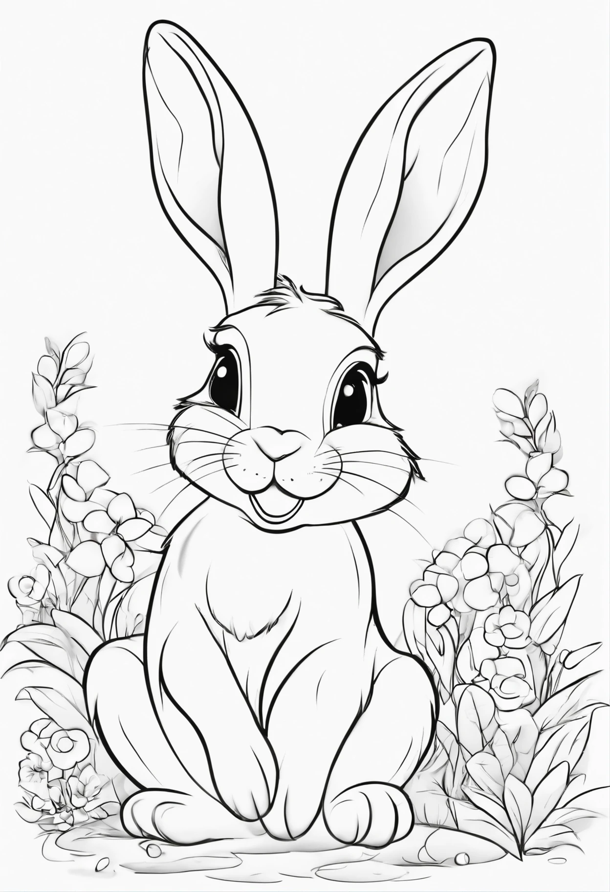 create a cute rabbit disney style, no background, line art for coloring, drawings for children, cool coloring pages, coloring book art coloring book page style vector lines, 8k --ar 2:3