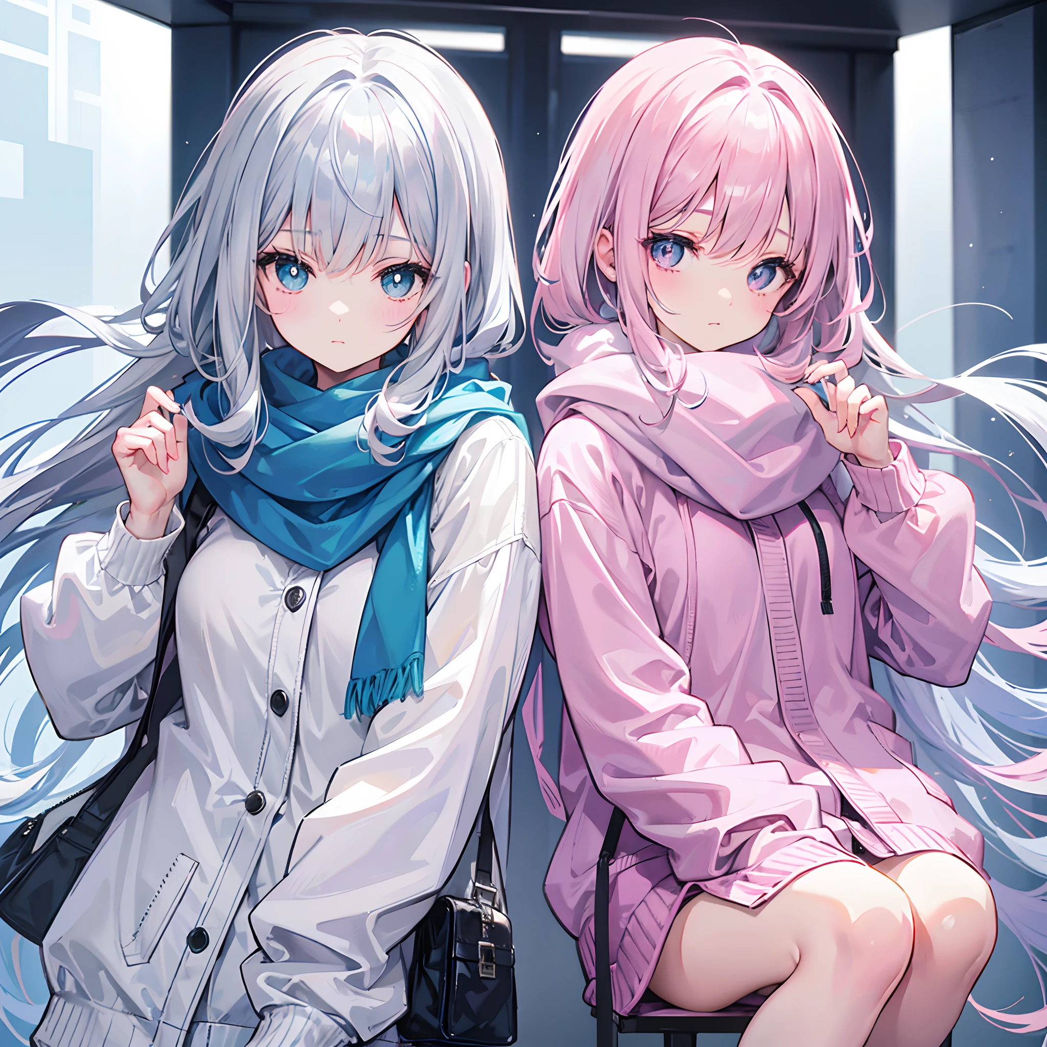 Gray-pink bangs,Blue-green pupils,Wear a silver-white jacket and pink sweater,Wearing a blue scarf,It's a cute girl