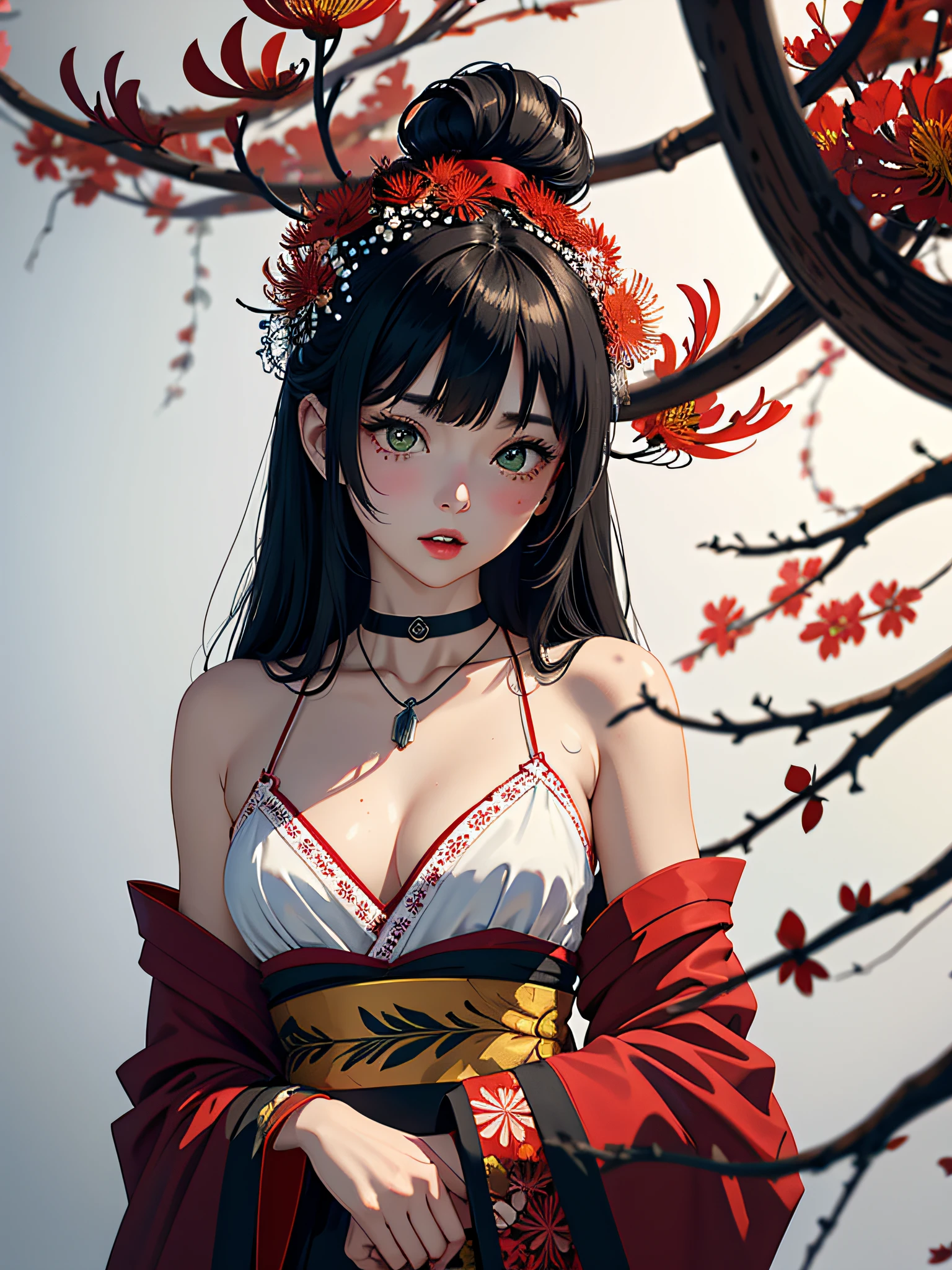 (top-quality、hight resolution、8k、​masterpiece:1.2)。Curvaceous but slender、Muchimuchi Body、The whole area is filled with Red Spider Lily、Red spider lily in bloom、Grinning woman sits in the middle of a red spider lily in full bloom。With a mysterious look、Kimono and double teeth are characteristic.。Wearing a kimono splattered with blood、I'm holding some kind of murder weapon in my hand.。The crazy expression and the gap between her and the Red Spider Lily further enhance her beauty。Half-taken kimono、accessorized、mole、Eyebrows、double tooth、canine teeth、poneyTail、Muscular nose、Clear detailed green eyes、A dark-haired、red blush、a choker、Fleshy lips、Physical beauty、well-muscled、Raise bangs in a headband、Oforehead、Mysterious fashion、Anime style、animesque、unreal、Fashion based on red and white、Backgrounds with depth、The background is 10,000 Red Spider Lilies spread all over the area、a necklace、Bracelets、Misanga、arm band、Light and Wall Co-star、A small black cat clinging to his shoulder、Original face、(dark themed:1.3)、Dark Fantasy、