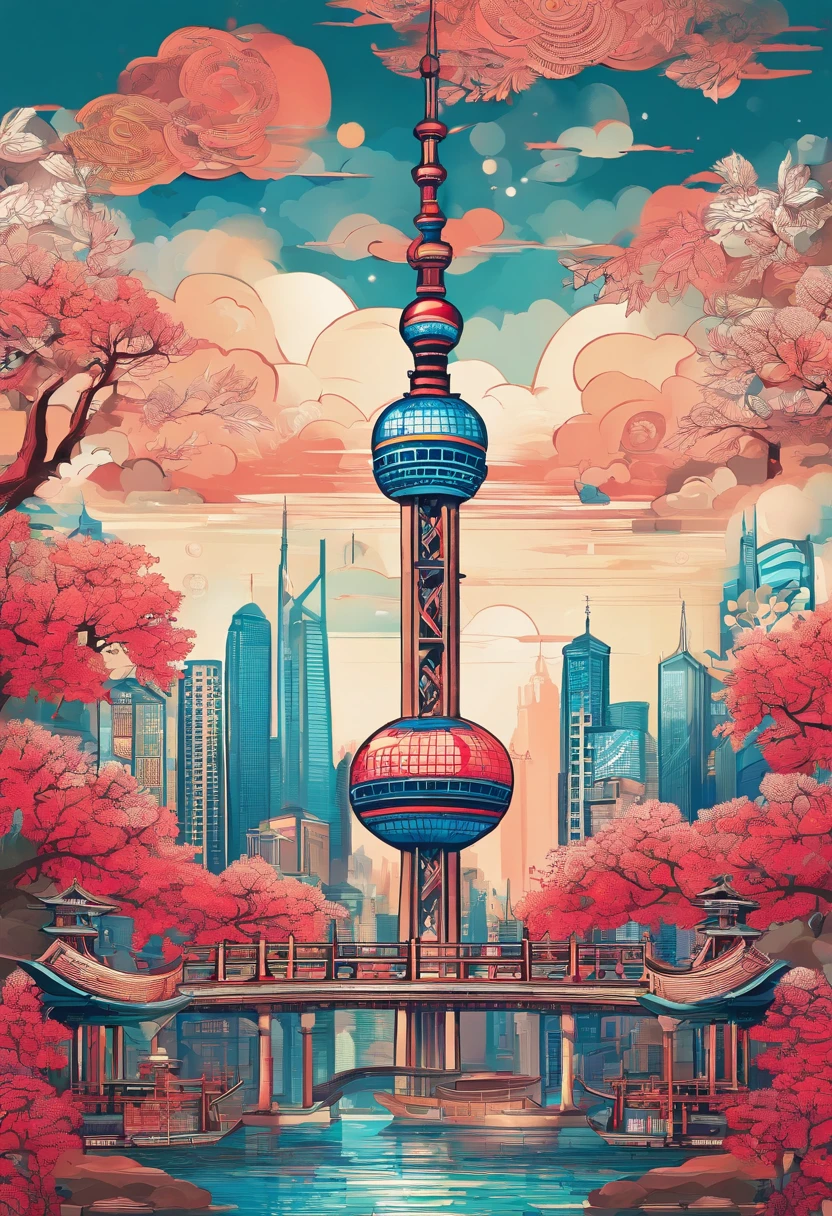 Chinese painting， Modern Chinese background， (Shanghai, China，Oriental Pearl TV Tower:1.4)，City high-rises，Auspicious clouds，View of the Bund，rays of sunshine，Adopt a psychedelic color scheme，hyper detailed illustration，Light red and sky blue，Imaginary landscape，psychedelic manga，Landscapes and ultra HD images，Faraway view，1.4x realism，tmasterpiece， super detailing， Epic composition， hyper HD， high qulity， extremely detaile， offcial art， 统一 8k 壁纸，super detailing