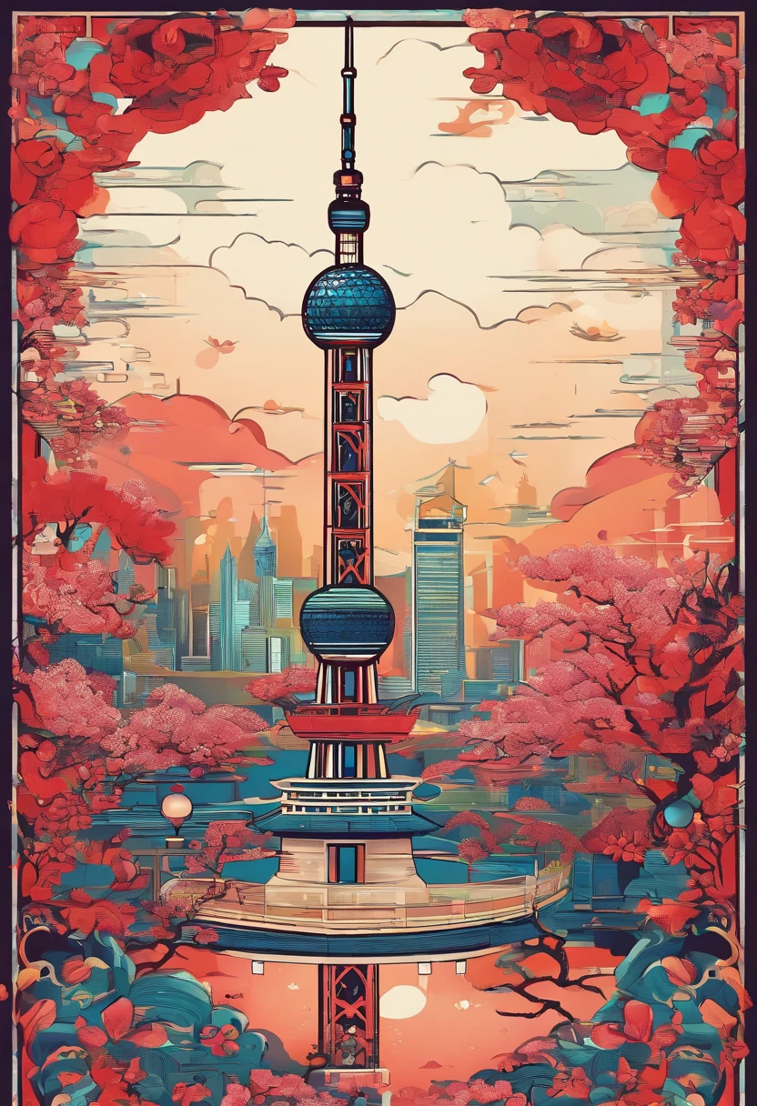 Chinese painting, Modern Chinese background, (Shanghai, China,Oriental Pearl TV Tower:1.4),City high-rises,Auspicious clouds,View of the Bund,rays of sunshine,Adopt a psychedelic color scheme,hyper detailed illustration,Light red and sky blue,Imaginary landscape,psychedelic manga,Landscapes and ultra HD images,Faraway view,1.4x realism,tmasterpiece, super detailing, Epic composition, hyper HD, high qulity, extremely detaile, offcial art, 统一 8k 壁纸,super detailing
