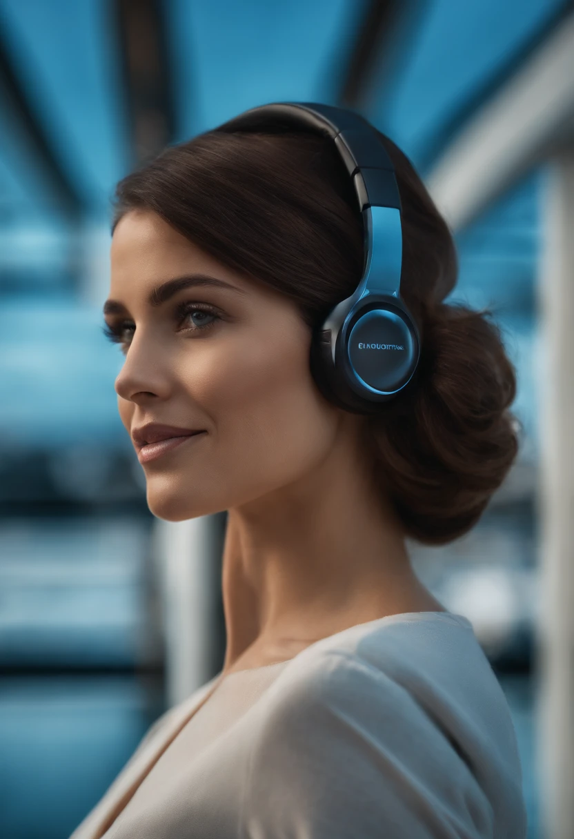 A bluetooth headset product picture,HD professional photography,Professional lighting,Commercial design,octane render,Cloud background,Sky blue atmosphere, 35mm product photo,Commercial design,Fine image quality,2K picture quality