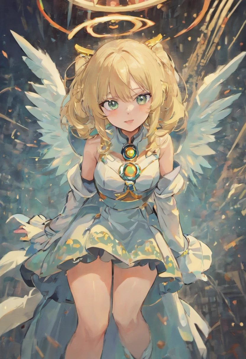 anime big breast,wings,teary,grin,mechanical angel,Green eyes,long whitr hair,whaite hair,Manteau blanc,Superskirt,White stockings,Iron collar,锁链