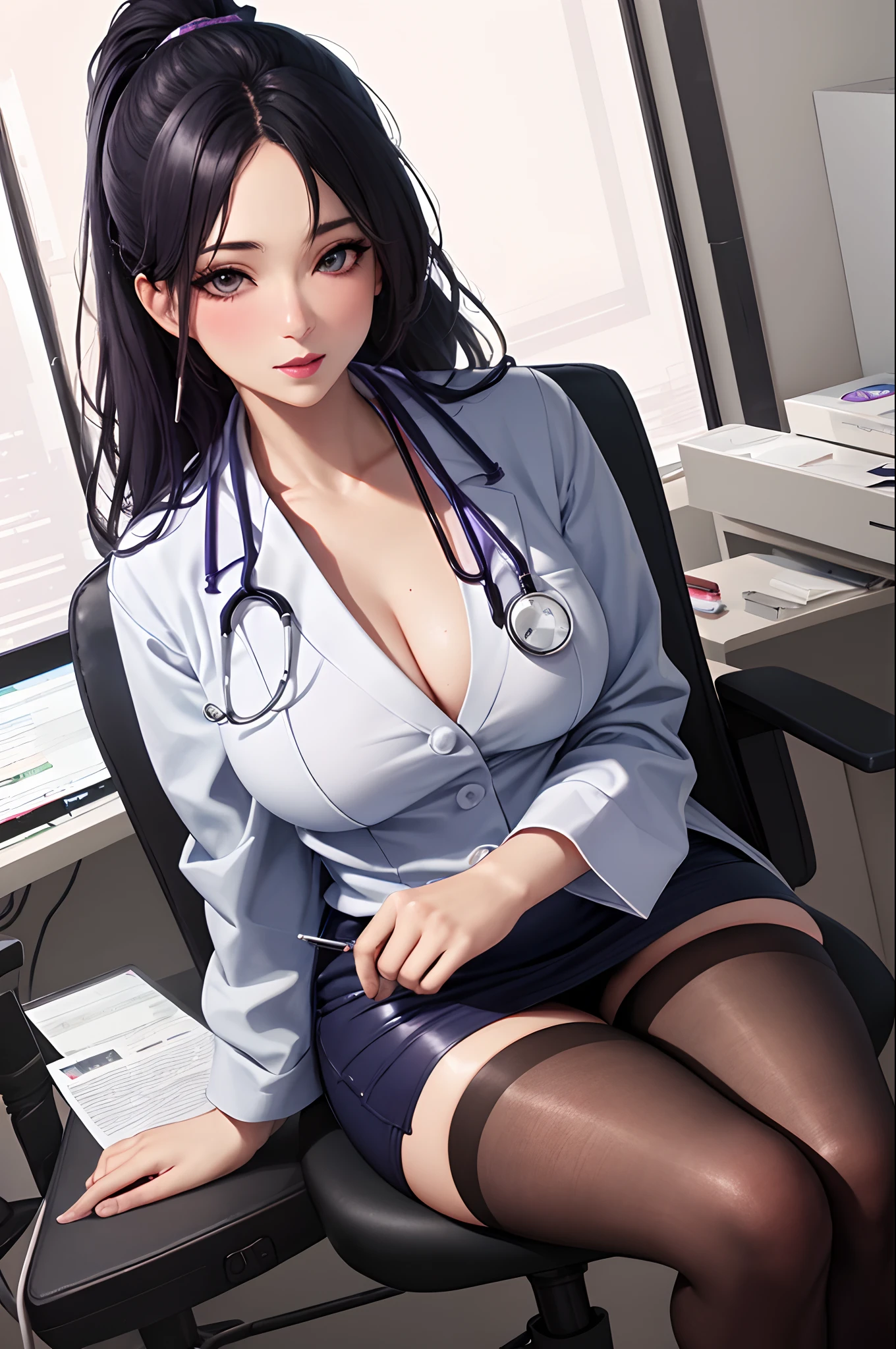(beautiful hand:1.2), (masterpiece, best quality:1.3), Aiko Katsuragi,45 years old mature female, (full body shot:1.05), milf, (curvy:0.9), 1girl, natural face, sitting on chair, doctor, labcoat, stethoscope, short pencil skirt, (thighhighs:1.05), highheels, makeup, large breasts, lipstick, violet eyes, folded ponytail, dark indigo hair, cleavage, perfect body, (athletic body:1.1), perfect eyes, natural eyes, smoky eyeliner, eyeshadow, perfect face, seducing face, glance, blush, high sharpness, sharp focus, medical room, professional artwork, intricate details, vivid colors, Diffused lighting, digital blending, ultra detailed body, ultra detail hair, ultra detail face, trending on pixiv,