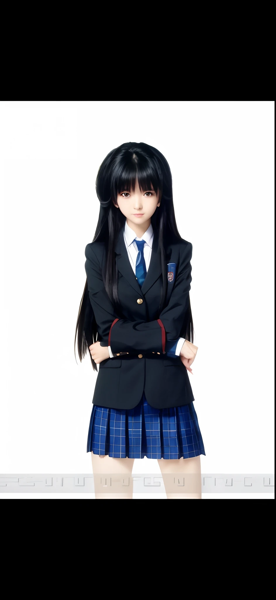 Mature anime girl in a school uniform with her arms crossed, beautiful anime high school girl, she has black hair with bangs