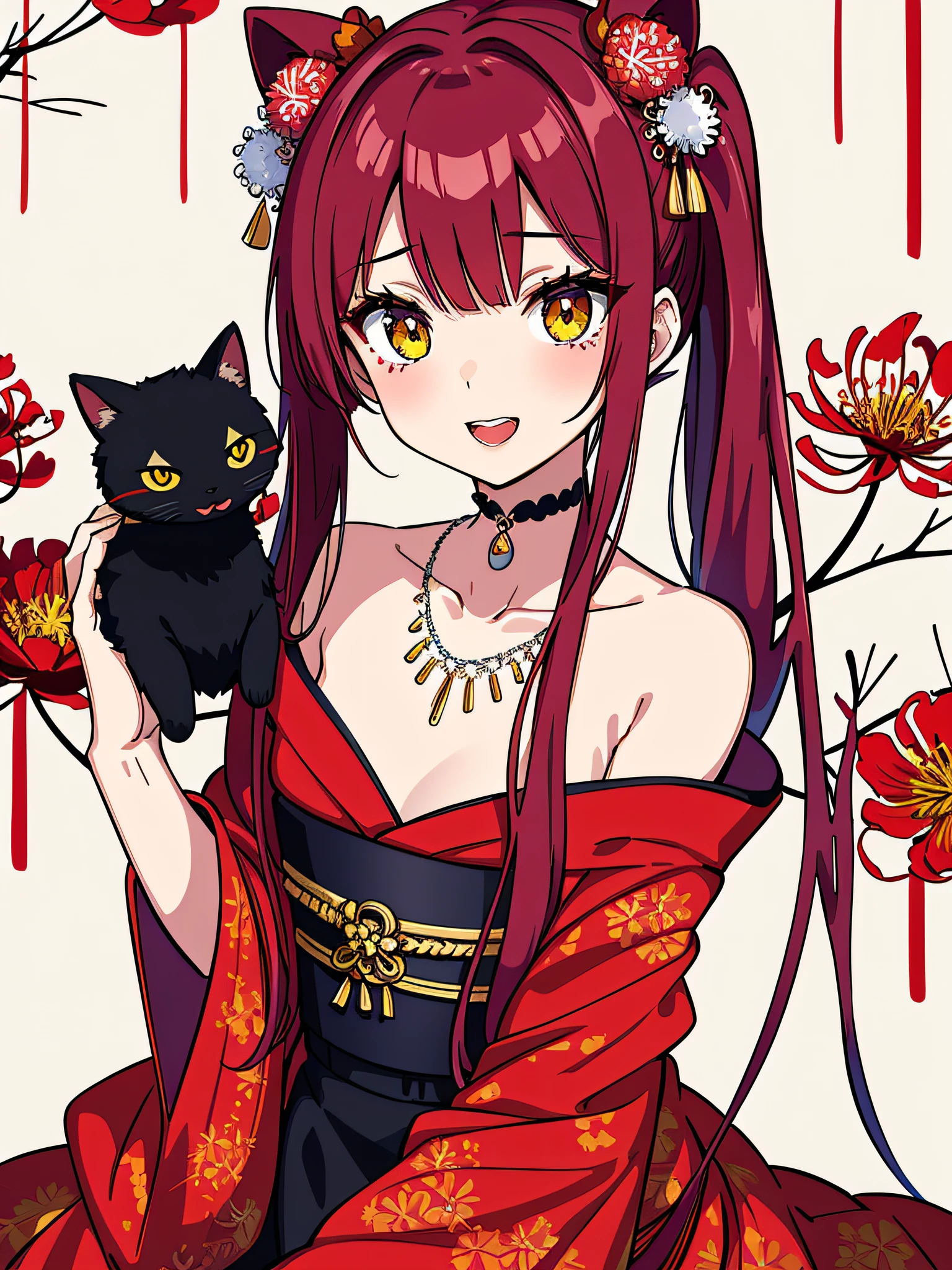 (top-quality、hight resolution、8k、​masterpiece:1.2)。Curvaceous but slender、Muchimuchi Body、The whole area is filled with Red Spider Lily、Red spider lily in bloom、Grinning woman sits in the middle of a red spider lily in full bloom。With a mysterious look、Kimono and double teeth are characteristic.。Wearing a kimono splattered with blood、I'm holding some kind of murder weapon in my hand.。The crazy expression and the gap between her and the Red Spider Lily further enhance her beauty。Half-taken kimono、accessorized、mole、Eyebrows、double tooth、canine teeth、poneyTail、Muscular nose、Clear detailed green eyes、red blush、a choker、Fleshy lips、Physical beauty、well-muscled、Mysterious fashion、Anime style、animesque、unreal、Fashion based on red and white、Backgrounds with depth、The background is 10,000 Red Spider Lilies spread all over the area、a necklace、Bracelets、Misanga、arm band、Light and Wall Co-star、A small black cat clinging to his shoulder、Original face、(dark themed:1.3)、Dark Fantasy、