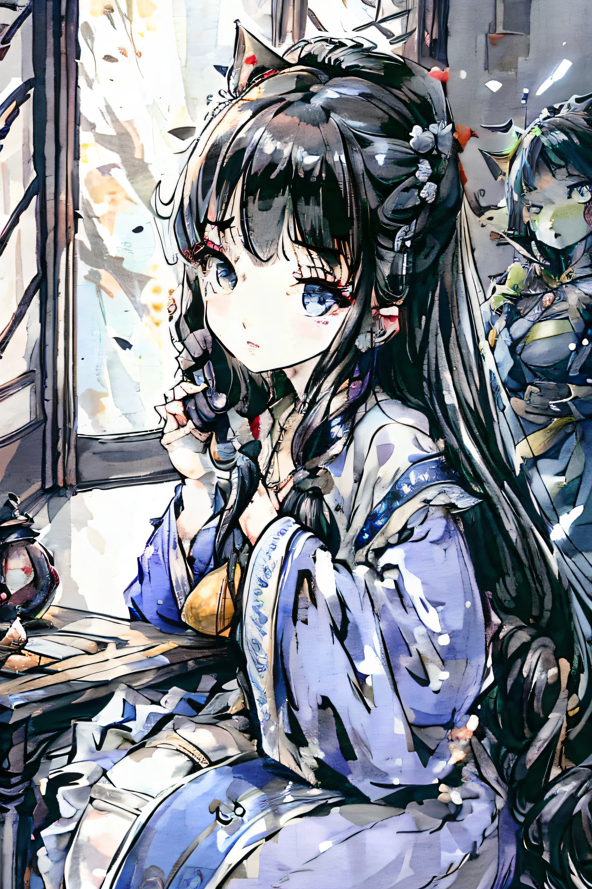 Girl vs、masutepiece、Illustrator,offcial art、tmasterpiece、top-quality、Optimal eye quality、Best facial quality、Highest hand and finger quality、Silver hair braided down、Lots of hair、Fluffy hair、Braided bows、Long braided bow、Eyes with a dark blue to blue gradient、Long eyelashes、Silent mouth、Large witch hat with decoration、Luxurious robes、Otherworldly rooms、Fantastic、Cube Square、Sturdy cypress table,There is age、The table was filled with a whole bunch of books、Mountains of books、lanthanum、The background is the witch's room、A plant、Mushrooms、A jar of potion、The room is dimly lit、Books scattered on the floor、Read a big book、darkened room、There was a lot of light floating in the room、natta、It was dark outside the window、Halloween、Halloween