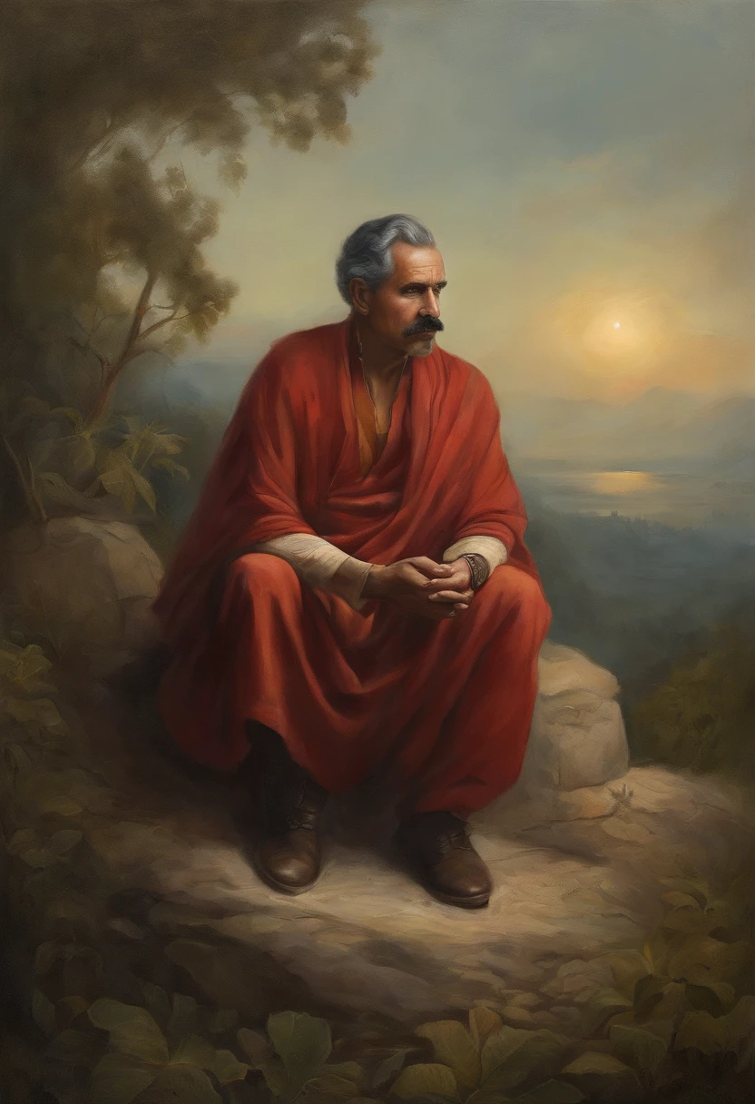 homem maduro, Sitting in a meditative position, In front of the beautiful Horizonte, When the sun goes down, In relation to God, Portrait photos, supervision: by Drew Tucker, supervision: Adam Marczyński, supervision: Alexander Kuchharsky, supervision: by Gavin Nolan, 8k surrealism, supervision: by Jason Felix, yuri shwedoff and tom bagshaw, illustrative art, Estilo Erik Johansson