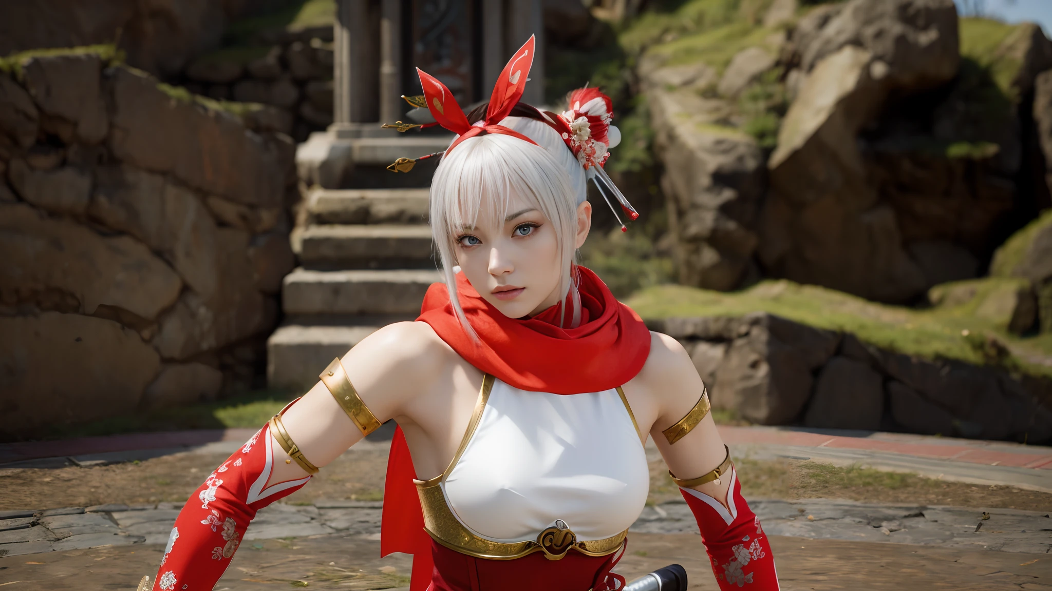 a beautiful woman with silver hair and light blue silver eyes in a red outfit holding a katana sword, fighting game character, as a character in soul calibur, kitsune inspired armor, white and red clothing, dramatic wielding sword pose, samurai ninja outfit, (Extremely Detailed), (Best Illustration), (Beautiful and Detailed Eyes), (Best Quality), (Ultra Detailed), (Masterpiece ), ( wallpaper), (detailed face), solo, a attractive Japanese silver anime haired female, (realistic, photo-realistic:1.37), (insanely detailed:1.3), 8k, (masterpiece), (best quality:1.4), (ultra high res:1.2), (RAW photo:1.2), professional lighting, cinematic realism