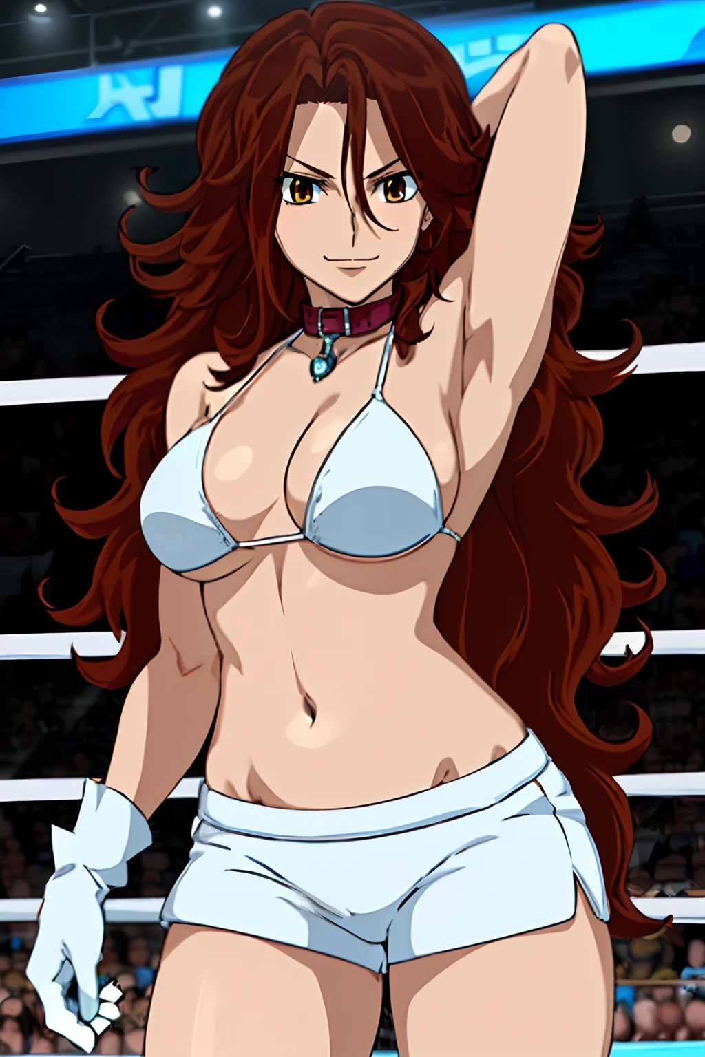 cowboy shot, body view, anime style: 1.8, anime drawing, ultra detailed face, ultra detailed body, 4k, Sumergai Lee Noriega, (standing), best quality, anime style, hires, highest definition, digital blending, bold drawing lines, ((slim waist, female wrestler), (location: wrestling arena, crowds watching), ( slim body, little biceps, thighs, off-shoulders, (curvy: 2.8)), ((white bikini, shorts, groin, , white gloves, collar)), victorious, winner, smirking, (big breasts, smirking), (big eyes, brown eyes), (clapping), (brown hair, loose hair, curly hair, wavy hair, long hair, missy hair), 27 years old, (flexing both arms)