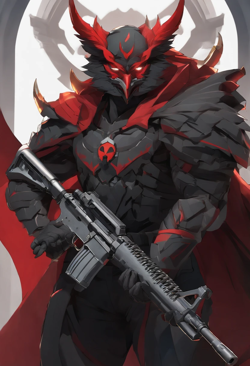 Shield-shaped background, Holding a modern rifle, Qiu Tianwang, Tengu Mask, Black bold outline style, Jagged edges, recycle bin, Light Shading --V 5.2