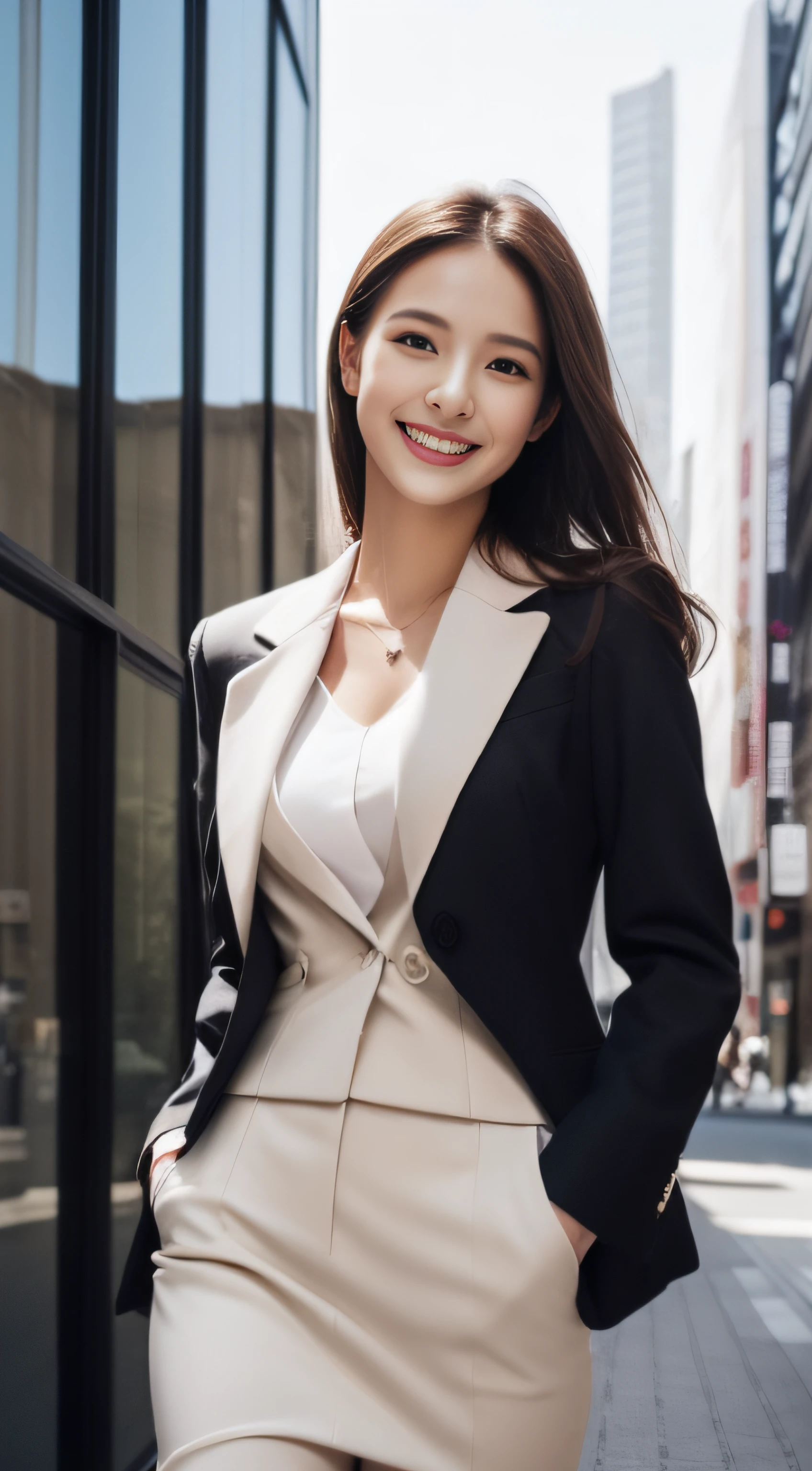 The face is a hostess、Business suits、hiquality、A hyper-realistic、healthy、Smiling expression、Slender perfect figure、Japan beauties、beautidful eyes、face perfect、Beautiful skin、the background is a tall building