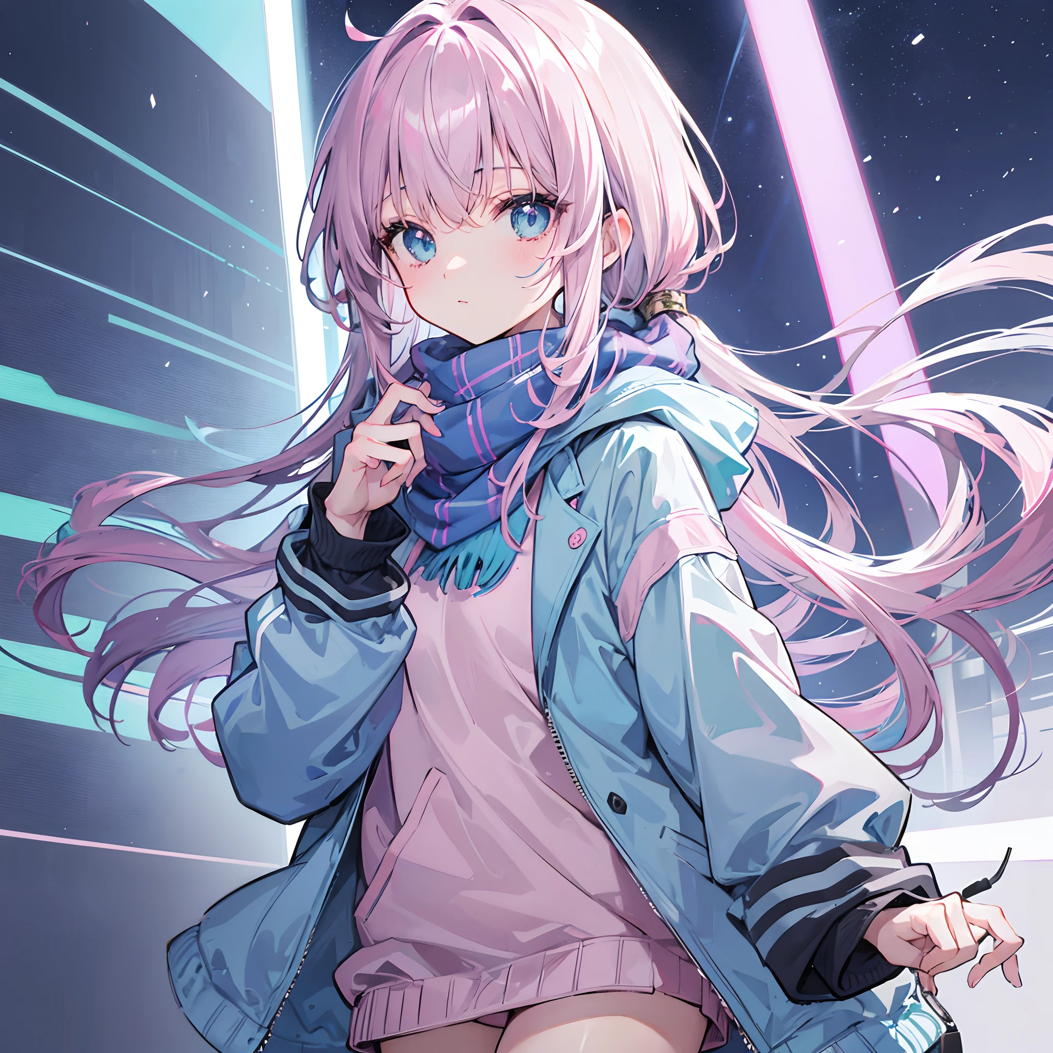 Gray-pink bangs,Blue-green pupils,Wear a silver-white jacket and pink sweater,Wearing a blue scarf,It's a cute girl