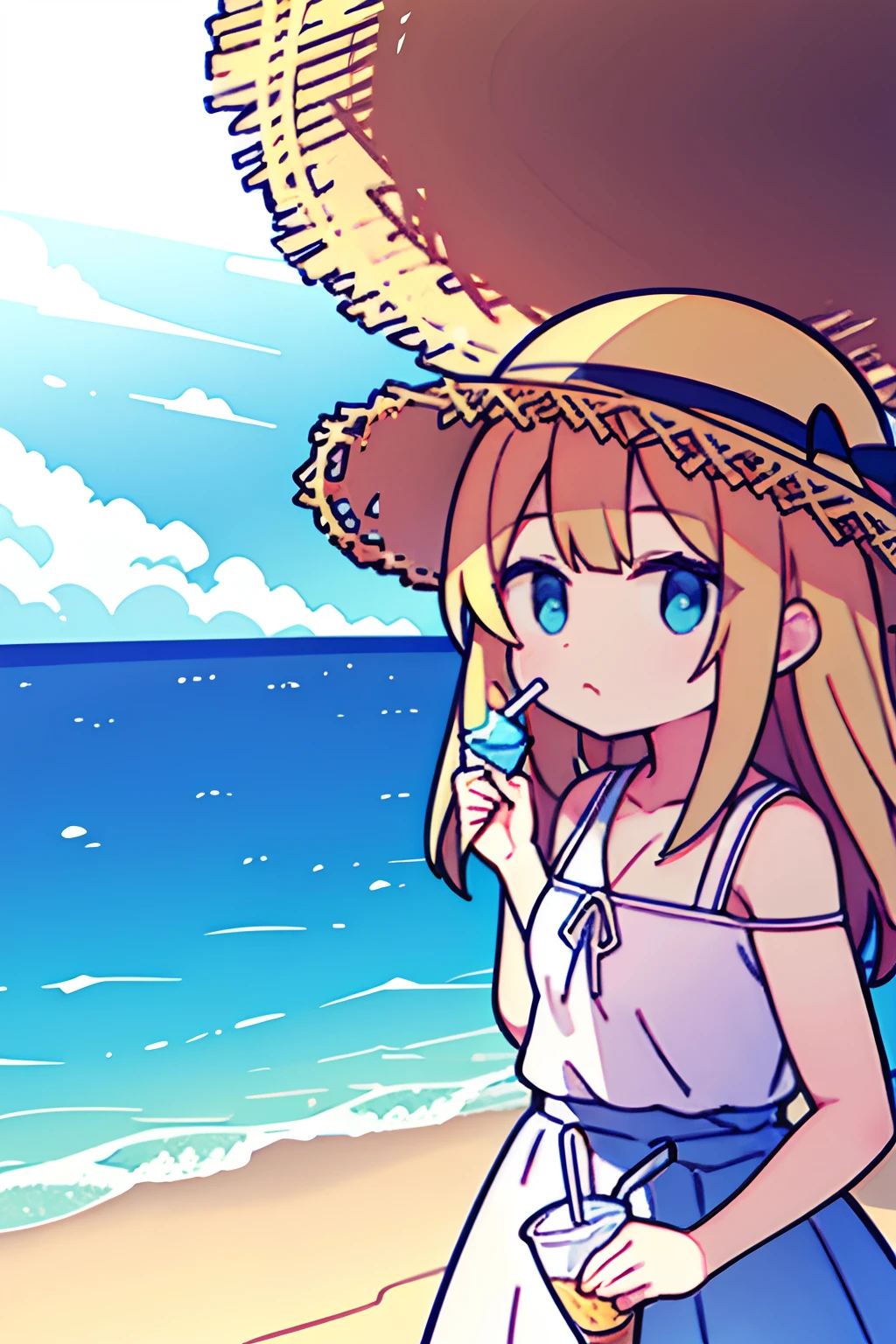 Watching the scenery by the sea, holding a straw hat in one hand and eating ice cream in the other