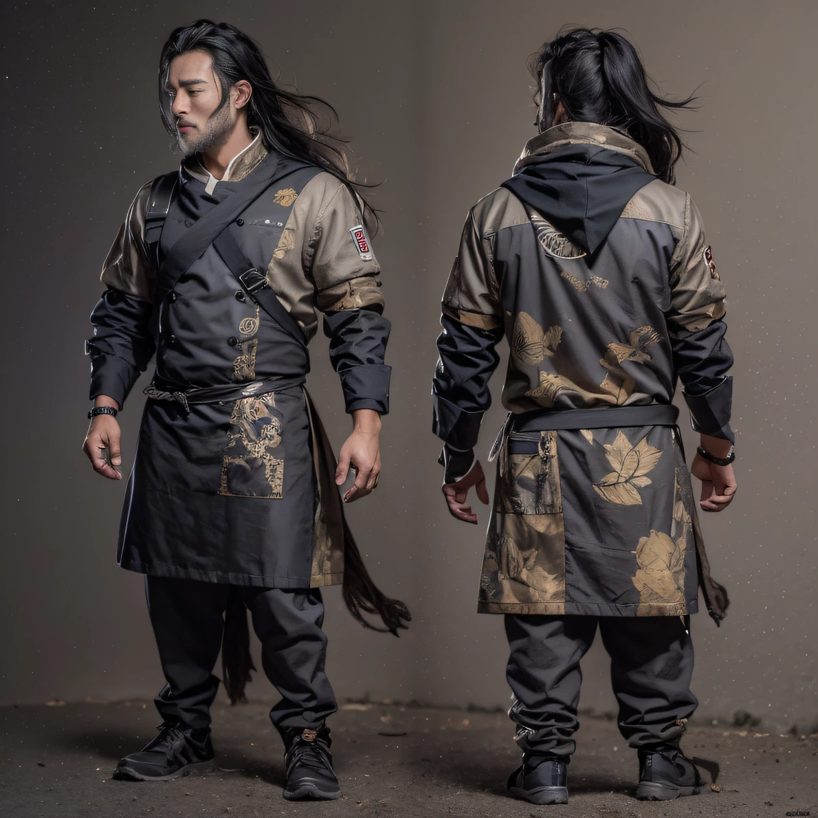 Full body male chef 32K(tmasterpiece,k hd,hyper HD,32K)Long flowing black hair,Camping area,zydink, a color, patriot (canyons), (Linen batik scarf), Combat posture, looking at the ground, Linen bandana, Chinese python pattern long-sleeved garment, (Abstract gouache splash:1.2), Dark clouds lightning background,Flour flies(realisticlying:1.4),Black color hair,Flour fluttering,Background fog, A high resolution, the detail, RAW photogr, Sharp Re, Nikon D850 Film Stock Photo by Jefferies Lee 4 Kodak Portra 400 Camera F1.6 shots, Rich colors, ultra-realistic vivid textures, Dramatic lighting, Unreal Engine Art Station Trend, cinestir 800,Flowing black hair,(((Male chef)))With his eyes closed