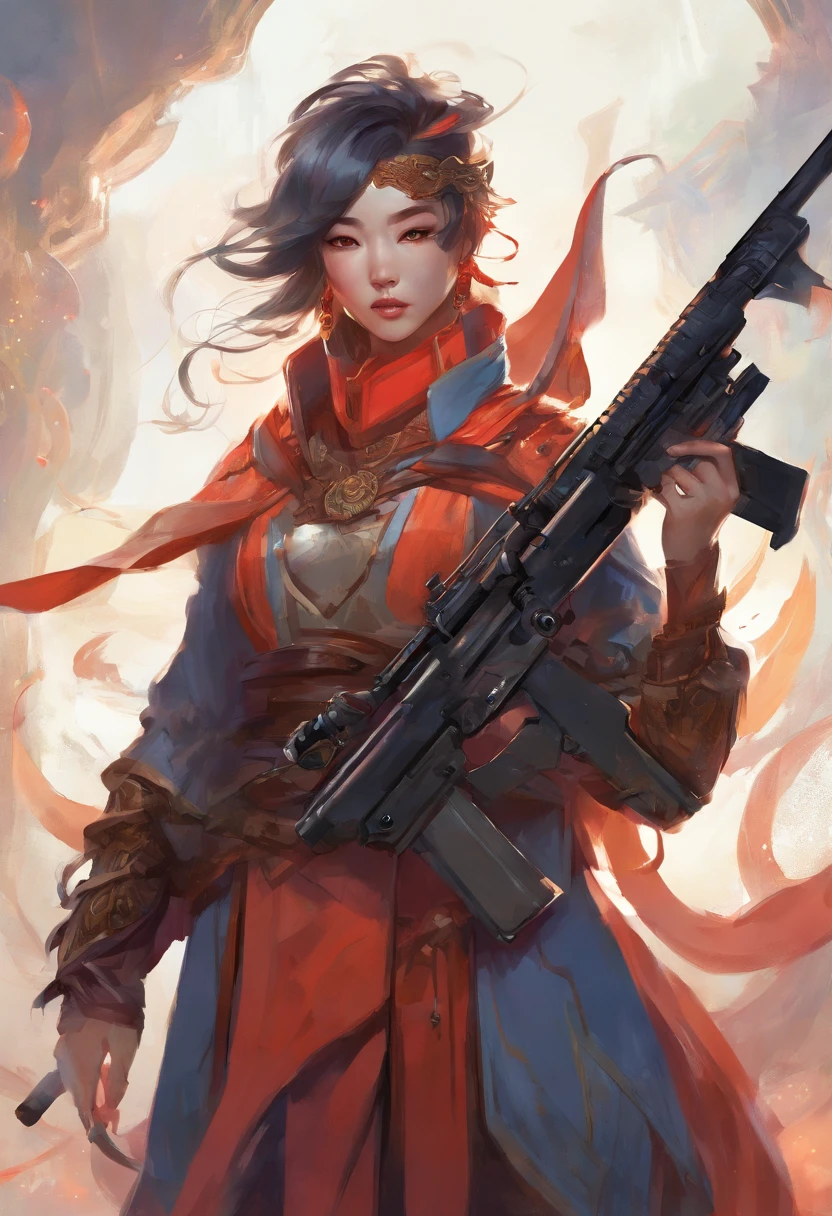 Holding a modern rifle, Qiu Tianwang, Tengu Mask, Black bold outline style, Jagged edges, recycle bin, Light Shading --V 5.2