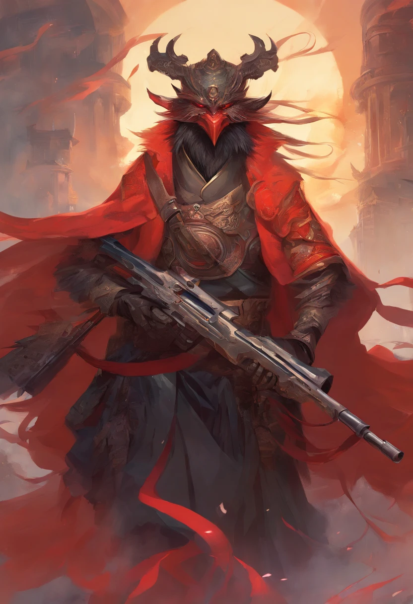 Holding a modern rifle, Qiu Tianwang, Tengu Mask, Black bold outline style, Jagged edges, recycle bin, Light Shading --V 5.2