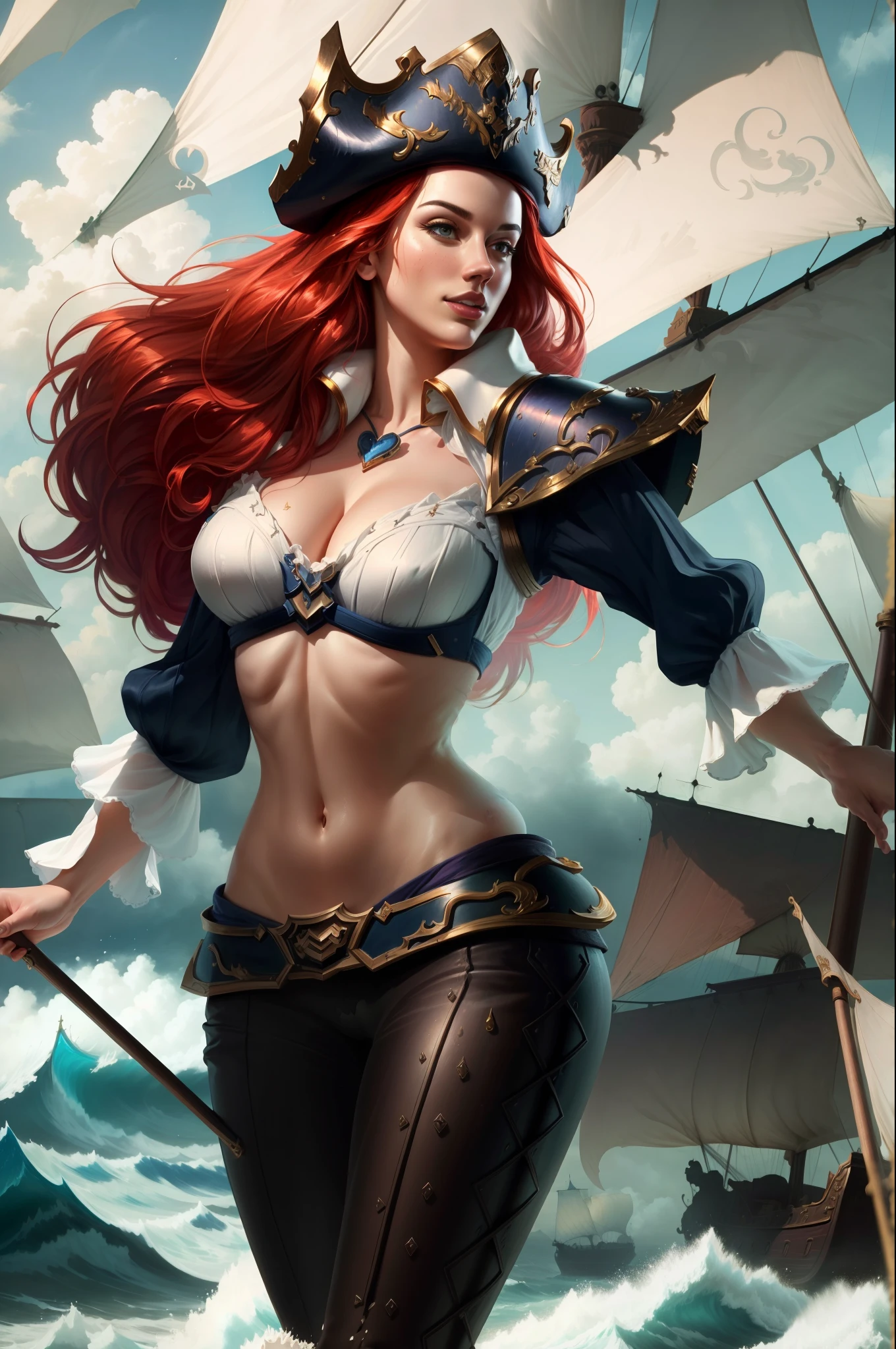 ((best quality)), ((masterpiece)), ((realistic)), (detailed), highly detailed skin, 1girl, miss fortune, navel, midrift, stunning gradient colors, no watermark signature, detailed background, pirate ship, ocean, insanely detailed, , ((masterpiece)), absurdres, HDR