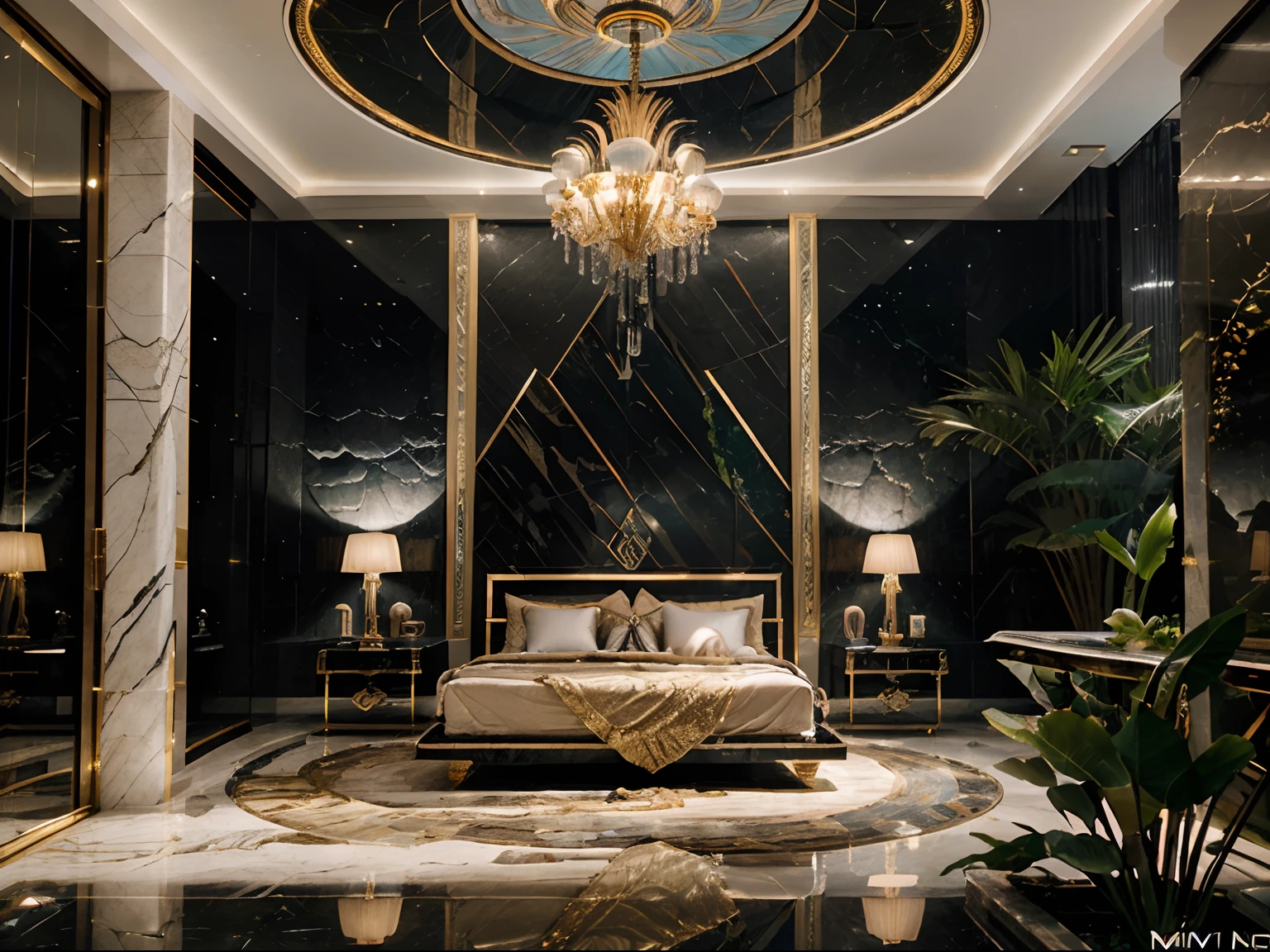 incredible luxurious futuristic interior bedroom in Ancient Vietnamese style with many ((lush plants)) (lotus flowers), ((palm trees)), rocky walls, (sand), ((amazing waterfalls)), (marble), ((precious minerals)), ((metals)), (gemstones), crystals, clouds and ((water)), futuristic luxury furniture, crocodiles, ((hieroglyphics)), (((ultra luxury))), (black marble) – with ((beautiful lights)), Unreal Engine, HQ, 16k