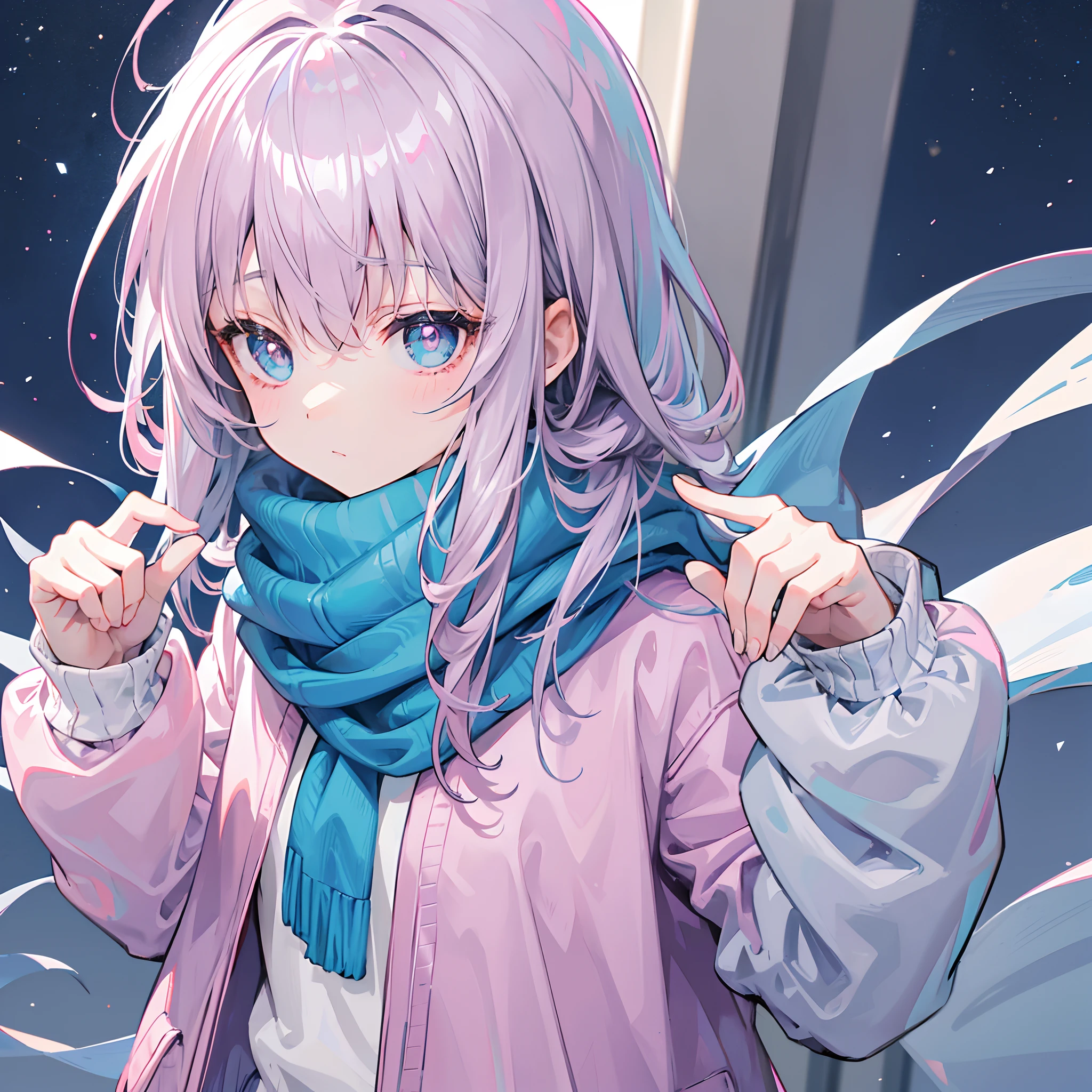 Gray-pink bangs,Blue-green pupils,Wear a silver-white jacket and pink sweater,Wearing a blue scarf,It's a cute girl
