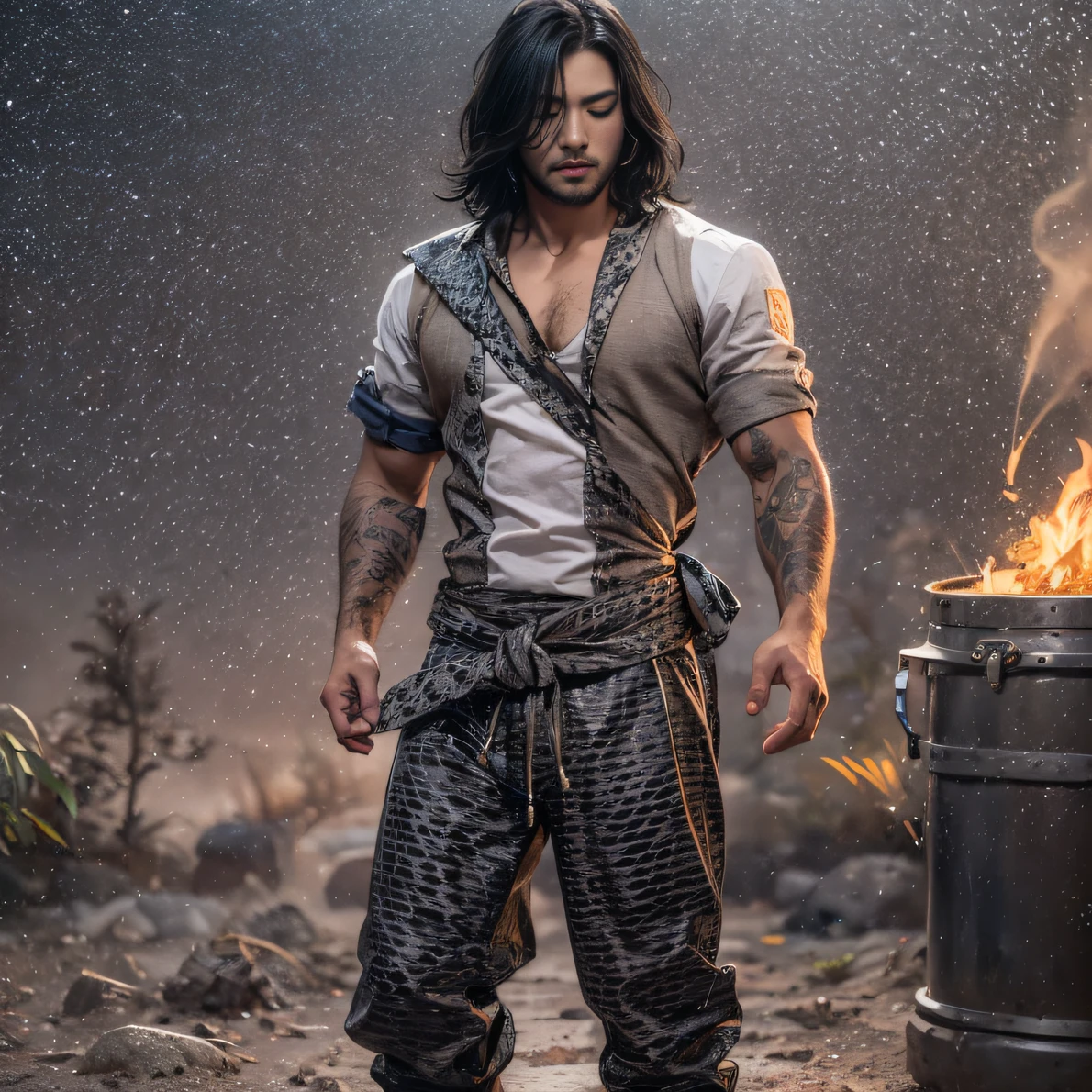 Full body male chef 32K（tmasterpiece，k hd，hyper HD，32K）Long flowing black hair，Camping area，zydink， a color， patriot （canyons）， （Linen batik scarf）， Combat posture， looking at the ground， Linen bandana， Chinese python pattern long-sleeved garment， （Abstract gouache splash：1.2）， Dark clouds lightning background，Flour flies（realisticlying：1.4），Black color hair，Flour fluttering，Background fog， A high resolution， the detail， RAW photogr， Sharp Re， Nikon D850 Film Stock Photo by Jefferies Lee 4 Kodak Portra 400 Camera F1.6 shots, Rich colors, ultra-realistic vivid textures, Dramatic lighting, Unreal Engine Art Station Trend, cinestir 800，Flowing black hair,（（（Male chef）））With his eyes closed