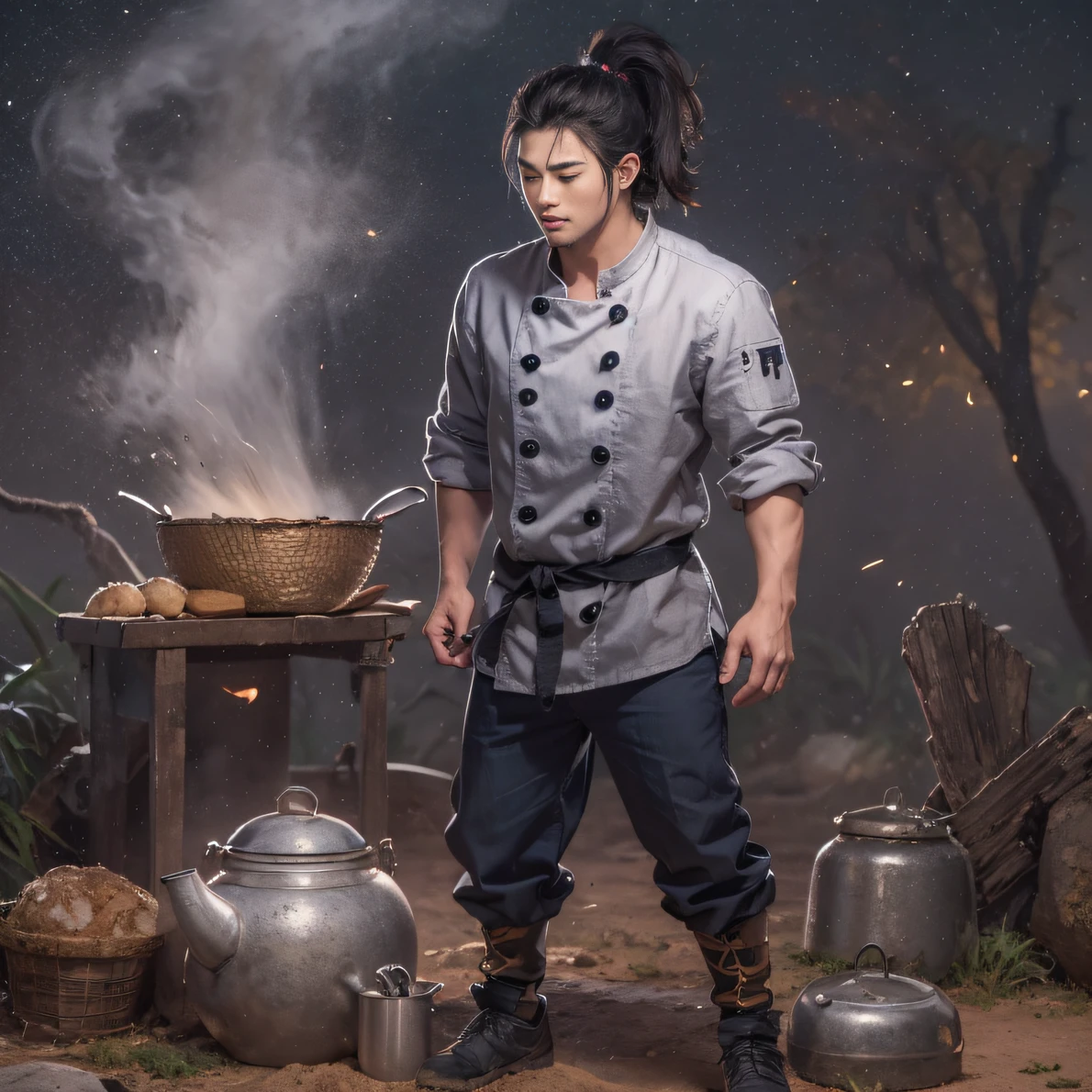 Full body male chef 32K(tmasterpiece,k hd,hyper HD,32K)Long flowing black hair,Camping area,zydink, a color, patriot (canyons), (Linen batik scarf), Combat posture, looking at the ground, Linen bandana, Chinese python pattern long-sleeved garment, (Abstract gouache splash:1.2), Dark clouds lightning background,Flour flies(realisticlying:1.4),Black color hair,Flour fluttering,Background fog, A high resolution, the detail, RAW photogr, Sharp Re, Nikon D850 Film Stock Photo by Jefferies Lee 4 Kodak Portra 400 Camera F1.6 shots, Rich colors, ultra-realistic vivid textures, Dramatic lighting, Unreal Engine Art Station Trend, cinestir 800,Flowing black hair,(((Male chef)))With his eyes closed