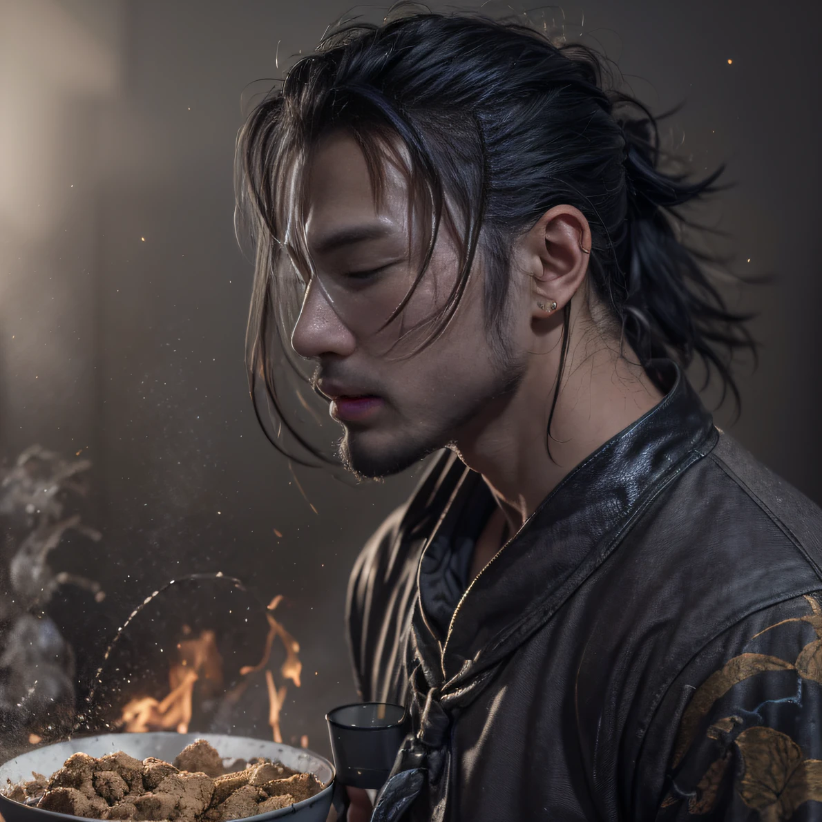 Full body male chef 32K（tmasterpiece，k hd，hyper HD，32K）Long flowing black hair，Camping area，zydink， a color， patriot （canyons）， （Linen batik scarf）， Combat posture， looking at the ground， Linen bandana， Chinese python pattern long-sleeved garment， （Abstract gouache splash：1.2）， Dark clouds lightning background，Flour flies（realisticlying：1.4），Black color hair，Flour fluttering，Background fog， A high resolution， the detail， RAW photogr， Sharp Re， Nikon D850 Film Stock Photo by Jefferies Lee 4 Kodak Portra 400 Camera F1.6 shots, Rich colors, ultra-realistic vivid textures, Dramatic lighting, Unreal Engine Art Station Trend, cinestir 800，Flowing black hair,（（（Male chef）））With his eyes closed