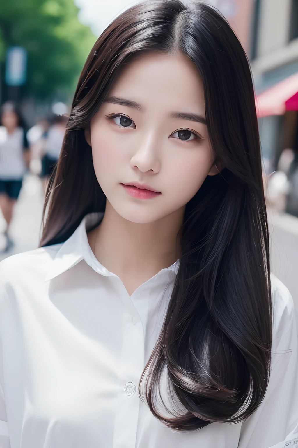 (top-quality、8K、32K、​masterpiece）a girl with long hair, White shirt, Black hair, Beautiful eyes, takeout、street