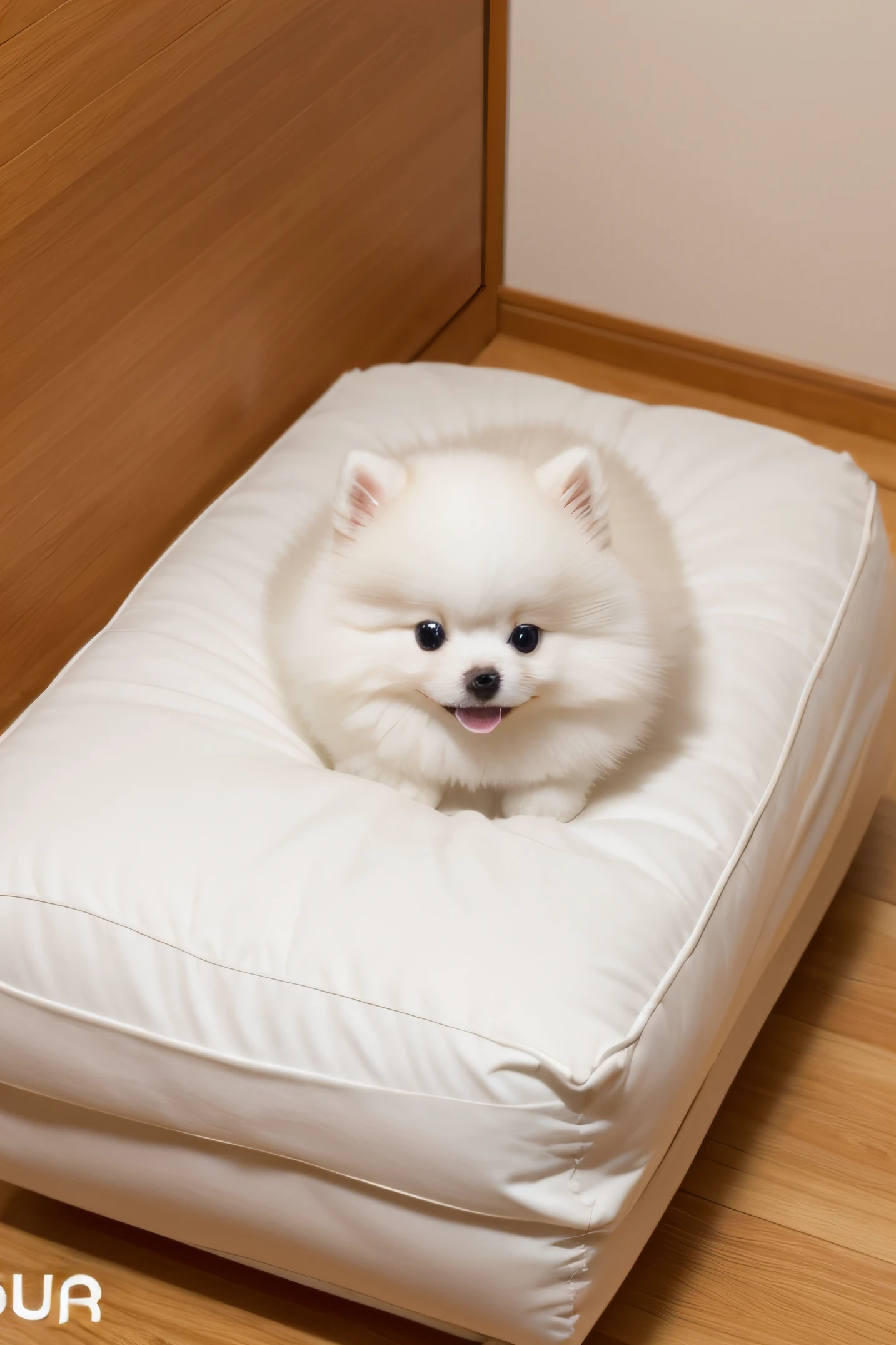 White Pomeranian hiding in a futon after a prank