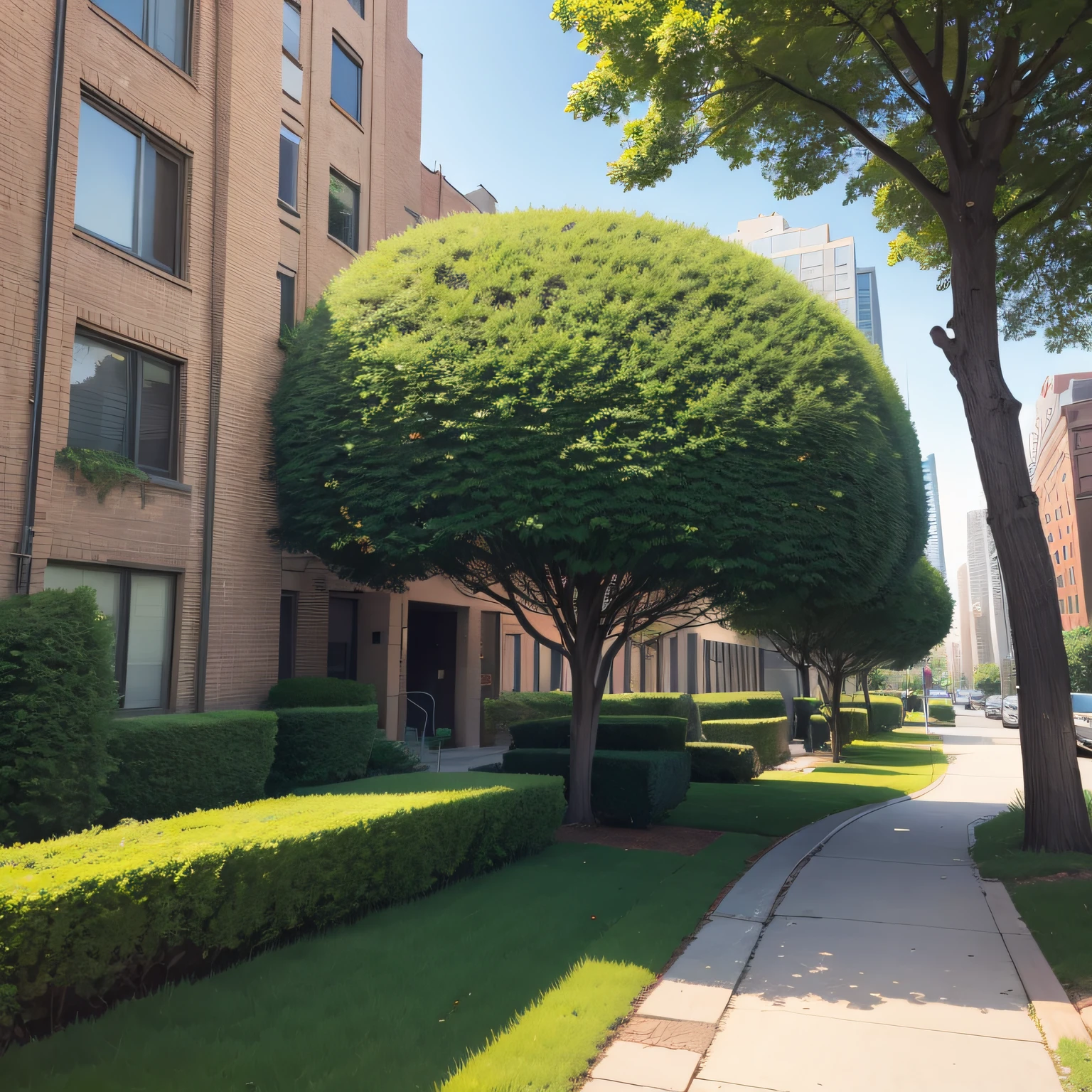 City side，green belt，Neatly trimmed shrubs