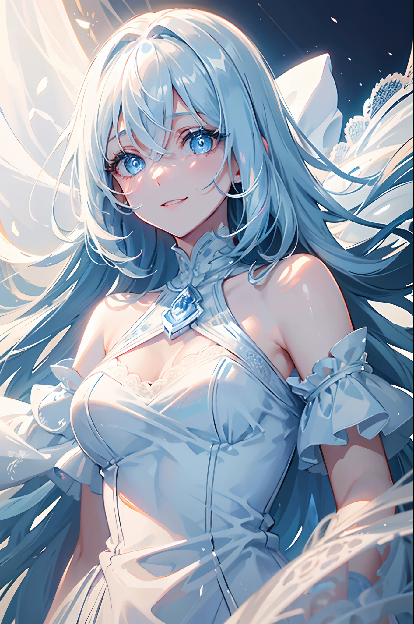 Long Light Blue Dark Color Hair blue eyess White lace dress Rosa A smile masterpiece Top image quality Clear cinematic shadow Increased attractiveness of the eyes Clear the shine of the eyes Draw eyelashes neatly Perfect Eye A detailed eye Sharpen image quality Sharpen eye writing Clear eye shape