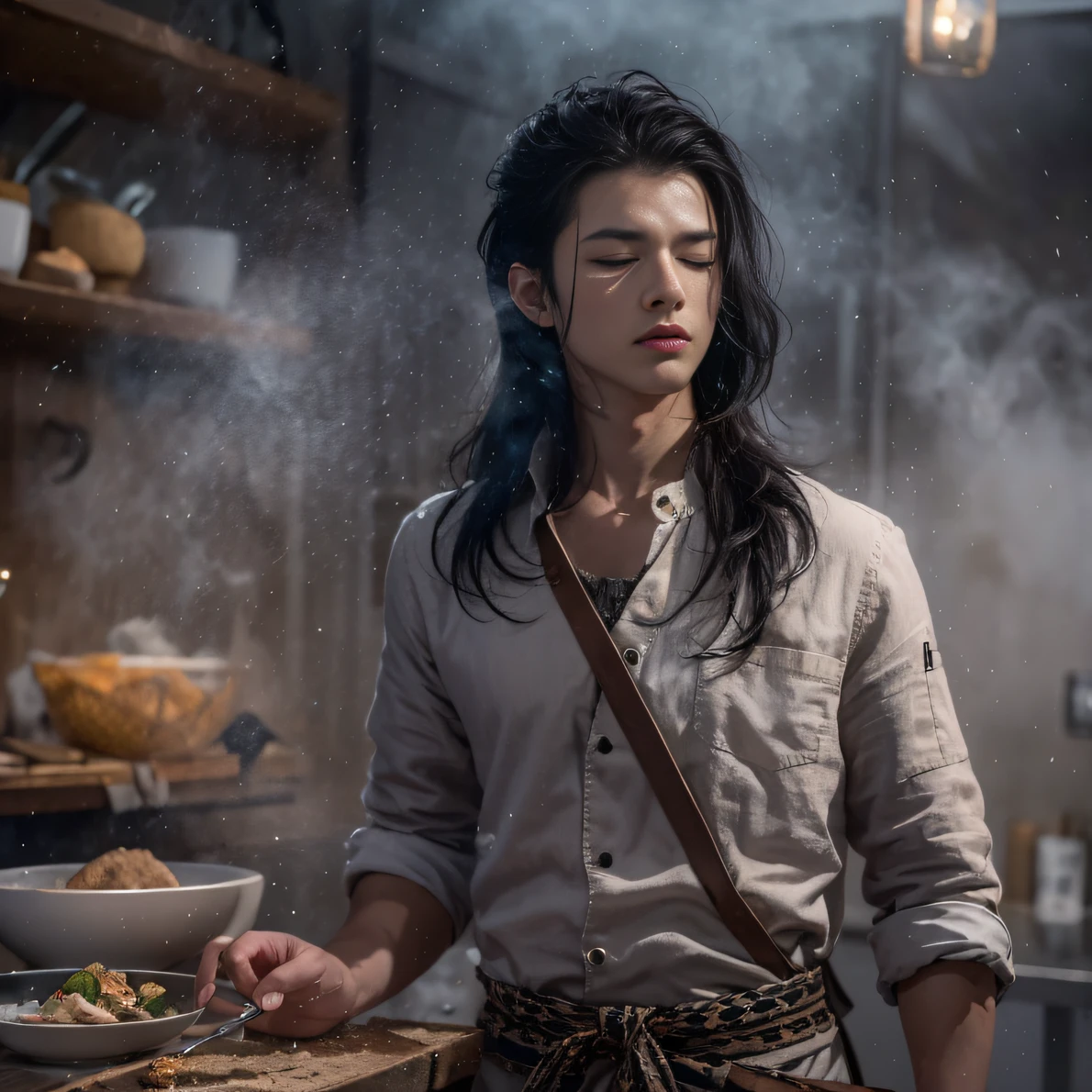 Full body male chef 32K(tmasterpiece,k hd,hyper HD,32K)Long flowing black hair,Camping area,zydink, a color, patriot (canyons), (Linen batik scarf), Combat posture, looking at the ground, Linen bandana, Chinese python pattern long-sleeved garment, (Abstract gouache splash:1.2), Dark clouds lightning background,Flour flies(realisticlying:1.4),Black color hair,Flour fluttering,Background fog, A high resolution, the detail, RAW photogr, Sharp Re, Nikon D850 Film Stock Photo by Jefferies Lee 4 Kodak Portra 400 Camera F1.6 shots, Rich colors, ultra-realistic vivid textures, Dramatic lighting, Unreal Engine Art Station Trend, cinestir 800,Flowing black hair,(((Male chef)))With his eyes closed