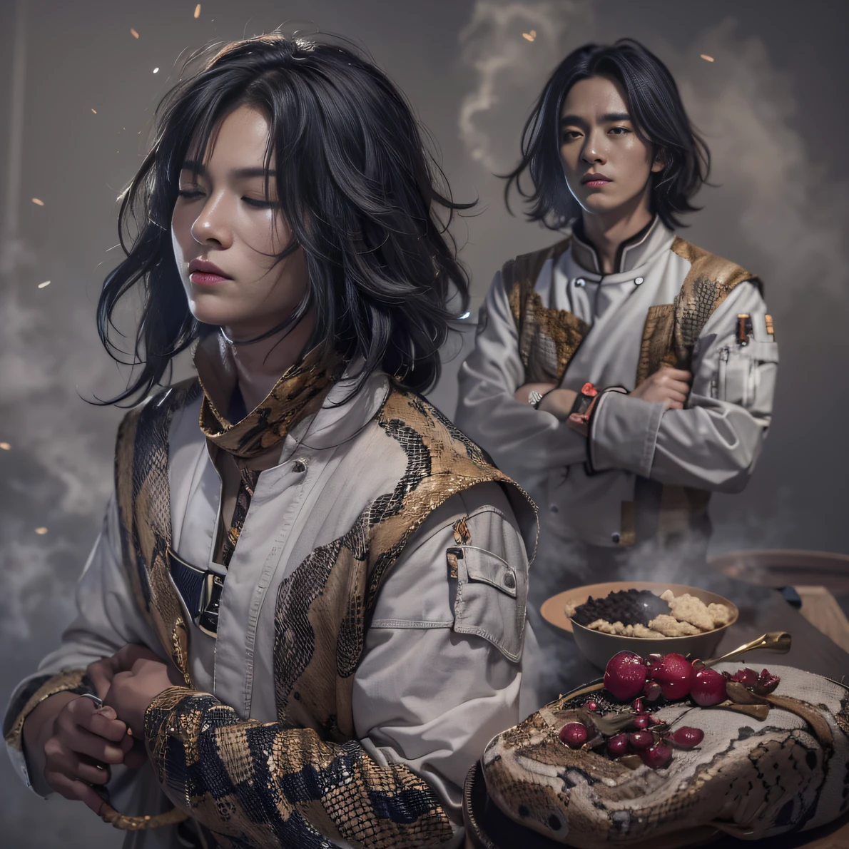 Full body male chef 32K(tmasterpiece,k hd,hyper HD,32K)Long flowing black hair,Camping area,zydink, a color, patriot (canyons), (Linen batik scarf), Combat posture, looking at the ground, Linen bandana, Chinese python pattern long-sleeved garment, (Abstract gouache splash:1.2), Dark clouds lightning background,Flour flies(realisticlying:1.4),Black color hair,Flour fluttering,Background fog, A high resolution, the detail, RAW photogr, Sharp Re, Nikon D850 Film Stock Photo by Jefferies Lee 4 Kodak Portra 400 Camera F1.6 shots, Rich colors, ultra-realistic vivid textures, Dramatic lighting, Unreal Engine Art Station Trend, cinestir 800,Flowing black hair,(((Male chef)))With his eyes closed
