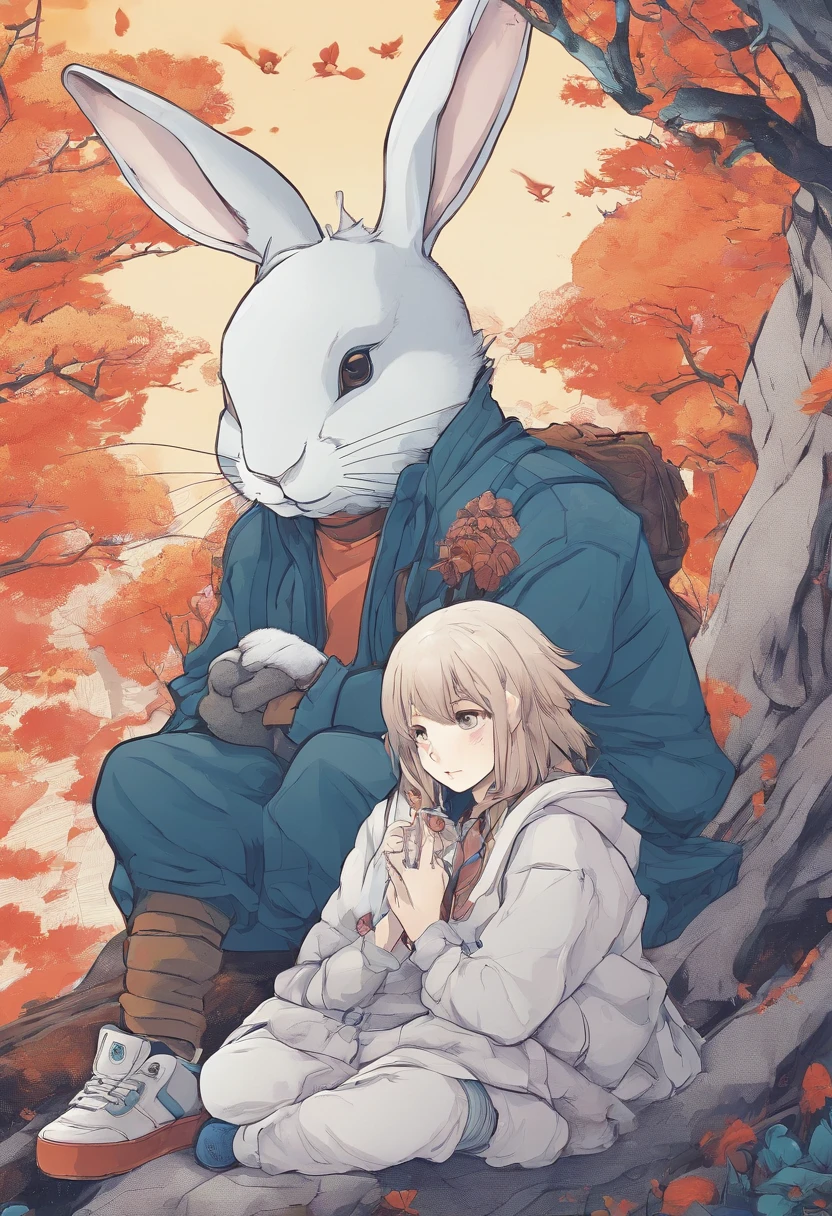 Rabbit in profile sitting on the lap of a humanoid grizzly sitting cross-legged