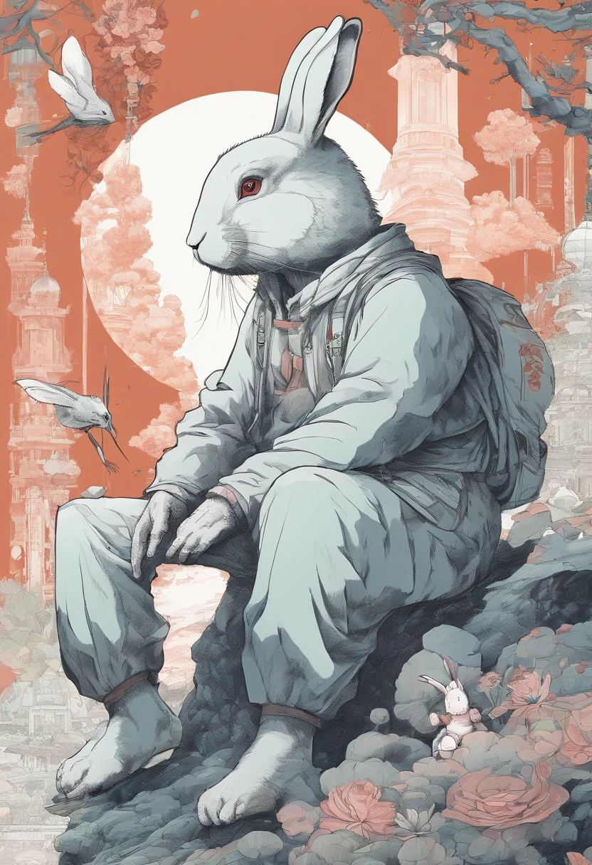 Rabbit in profile sitting on the lap of a humanoid grizzly sitting cross-legged