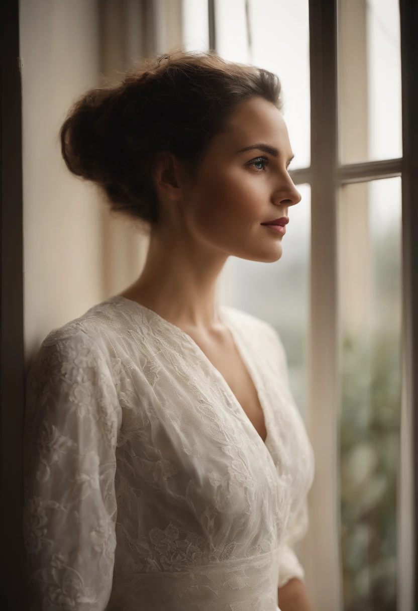 arafed woman in white top and green skirt looking out a window, a picture by Emma Andijewska, shutterstock, fine art, photo of a beautiful woman, gorgeous young model, a beautiful young woman, beautiful young woman, young beautiful woman, very beautiful young woman, leaning against the window, side profile waist up portrait, beautiful female model
