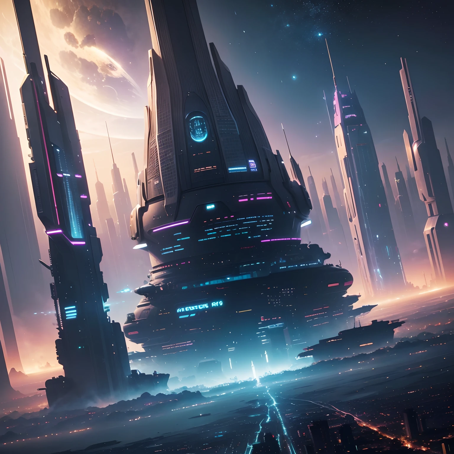 Space City、Futuristic cities、alien、floating in the universe、cyberpunked、skyscrapers line up、A space station、top-quality、masterpiece、24century、dream、utopian、planet earth、World of Dreams、Fantasia、𝓡𝓸𝓶𝓪𝓷𝓽𝓲𝓬、Beautiful city